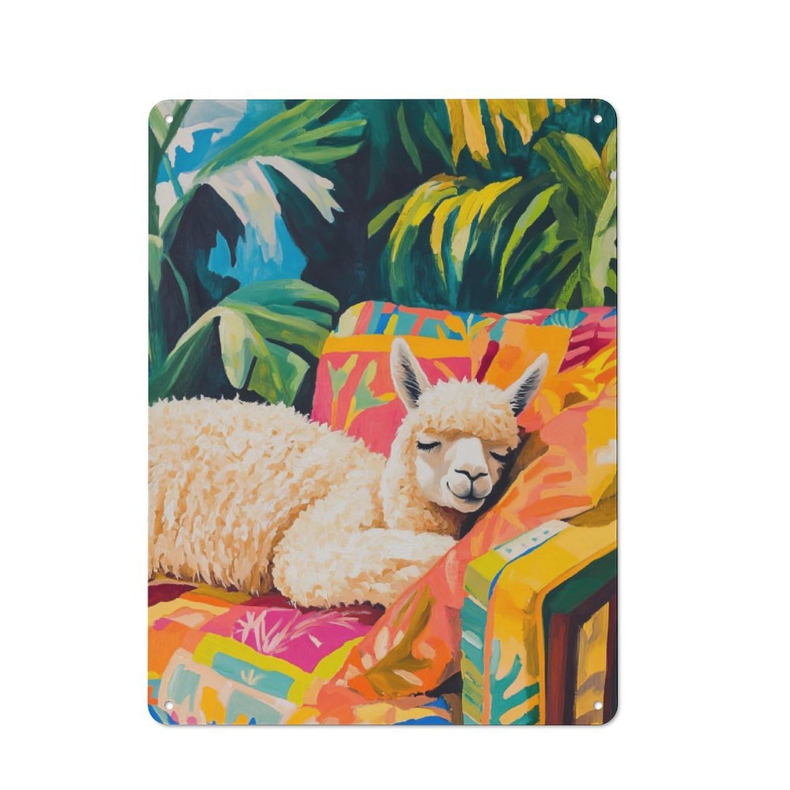 Junmoney Sleeping Alpaca In Tropical Paradise Vintage Metal Plaque 40X30cm Featuring For Home Bar Wall, A Metal Wall Feature For Home Bars And Entertaining Spaces