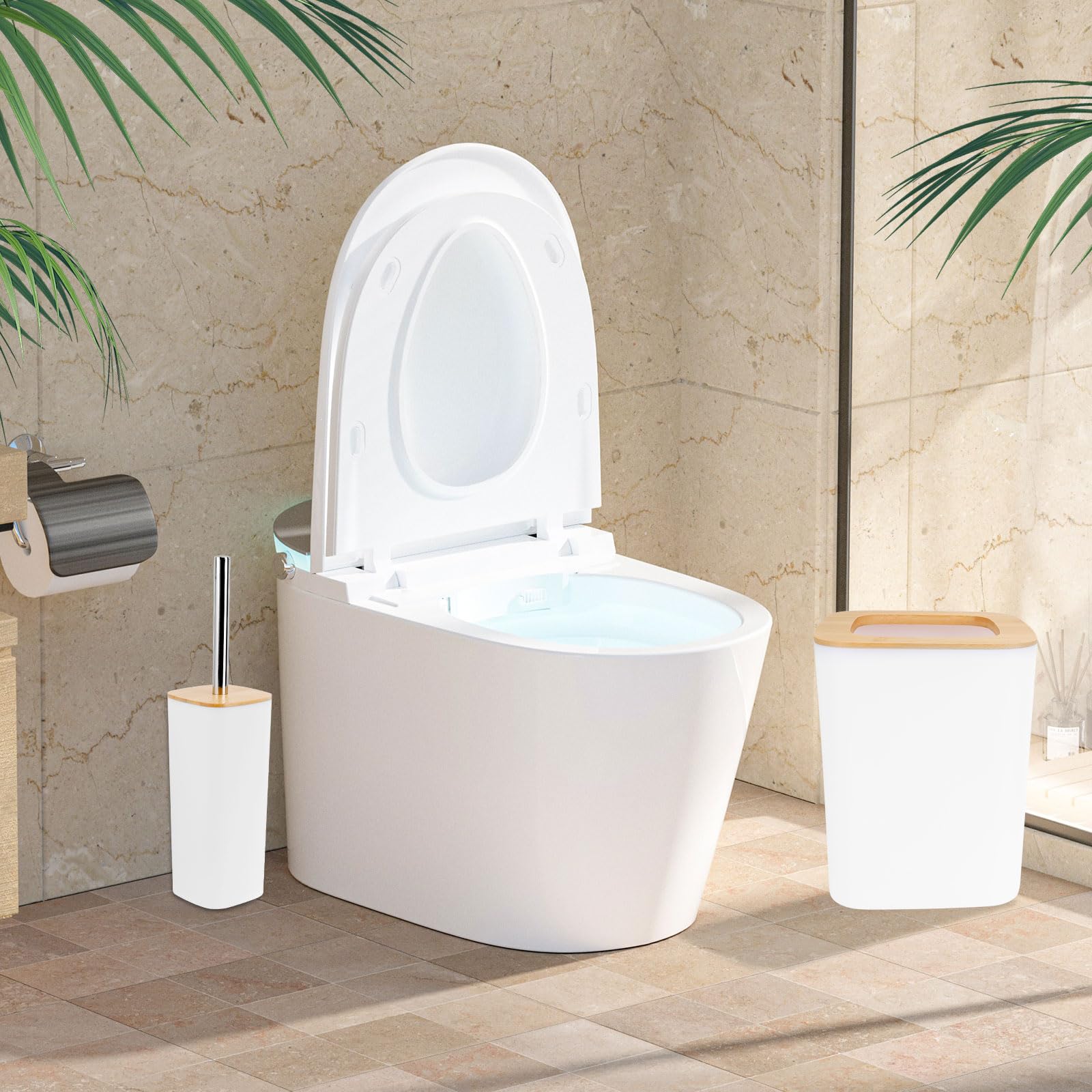 Dadabig Accesorios de Baño de Bambú, Juego de 7 Accesorios de baño, Dispensador de Jabón, Soporte para Cepillos de Dientes, Vaso de Enjuague y Jabonera (Blanco)