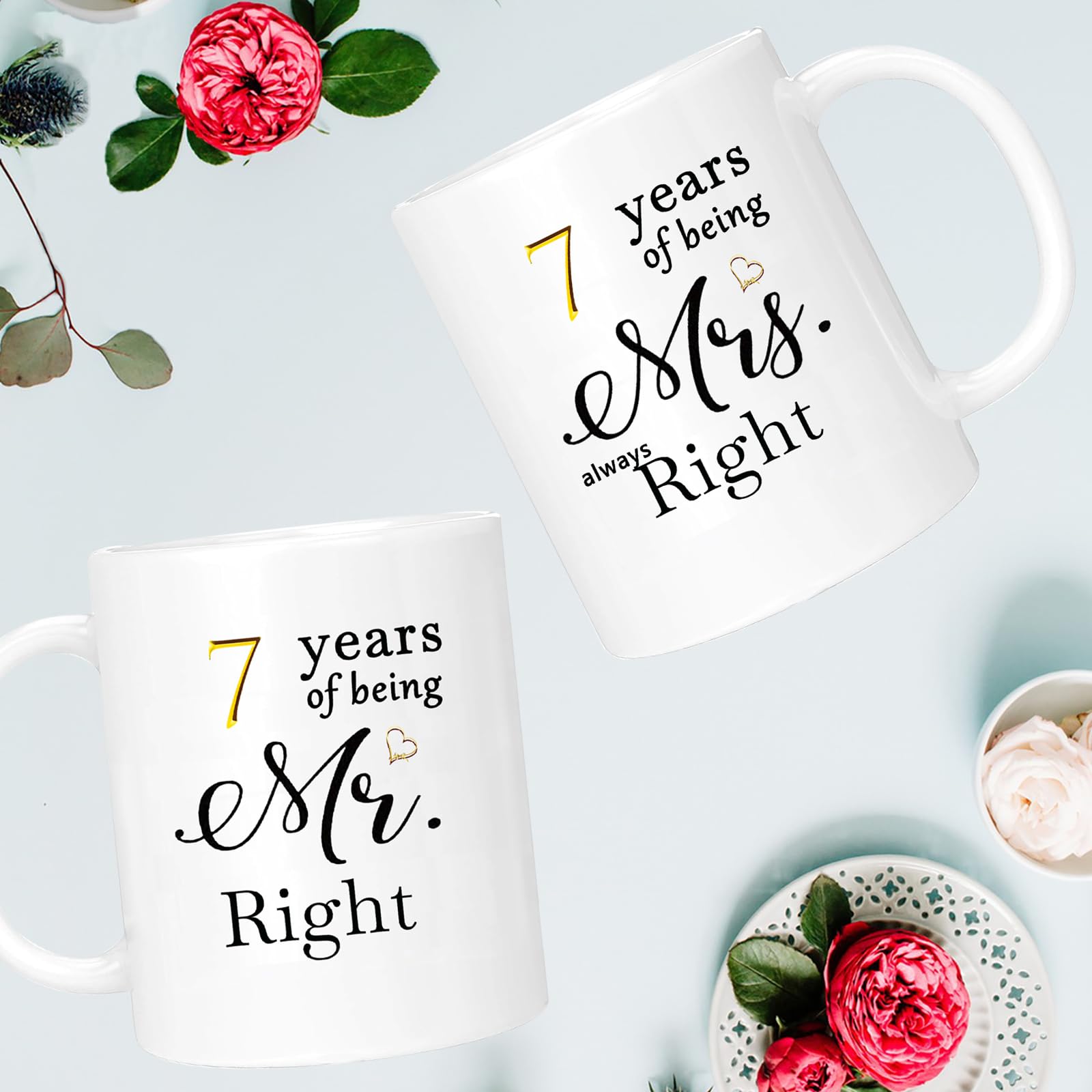 Juego de 2 tazas de café de aniversario de 7 años, regalos de boda para esposa, marido, padres, pareja, abuelos, tazas de regalo de compromiso de 7 años, 11 onzas