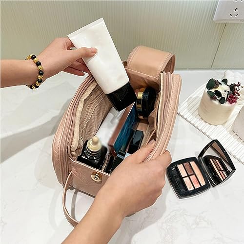 Miniatura 4 de Bolsa de cosméticos de viaje de gran capacidad, bolsa de cosméticos de tres capas de gran capacidad para mujeres con compartimentos, con asa y