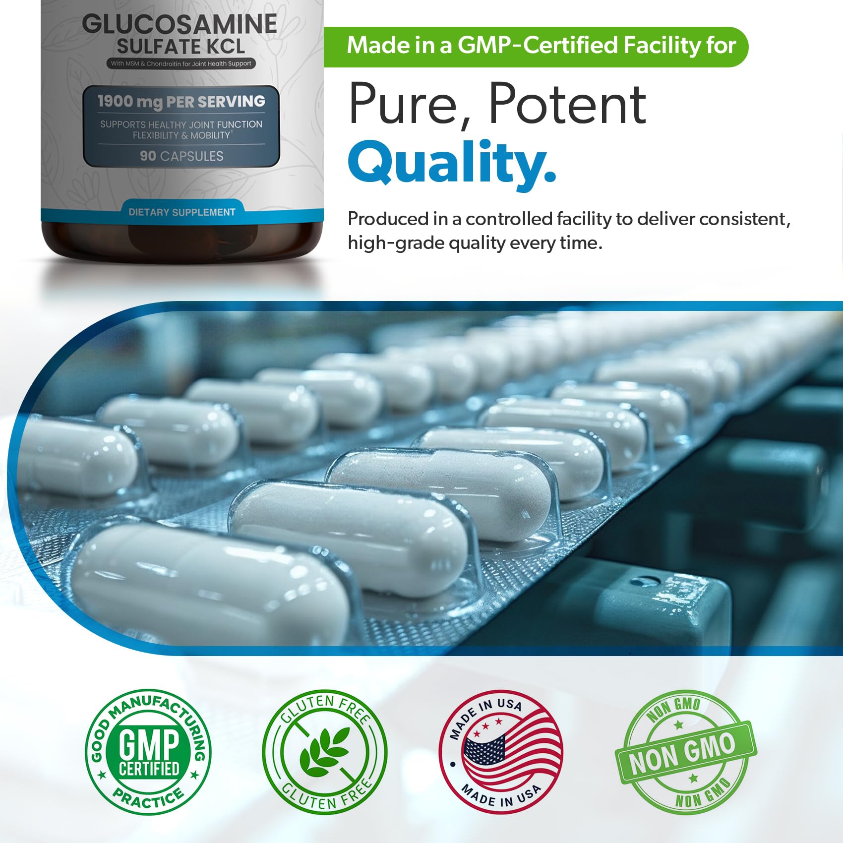 Glucosamine Sulfate KCL with Chondroitin & MSM - Joint Supplements for Women and Men - Glucosamine Chondroitin MSM Supplement - Supports Joint Health, Flexibility & Mobility – Made in USA,100 Capsules