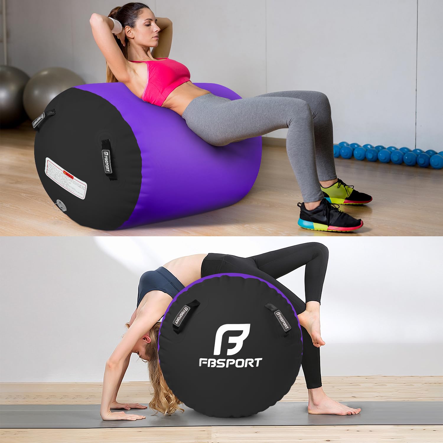 FBSPORT Aufblasbare Air Roll, 120x75cm Aufblasbare Luft Rollen, Yoga Gymnastik Zylinder, Gymnastikmatte, Gym Air Barrel, Air Tumbling Track, Sportmatte für zuhause mit Tragetasche, Outdoor, Fitness