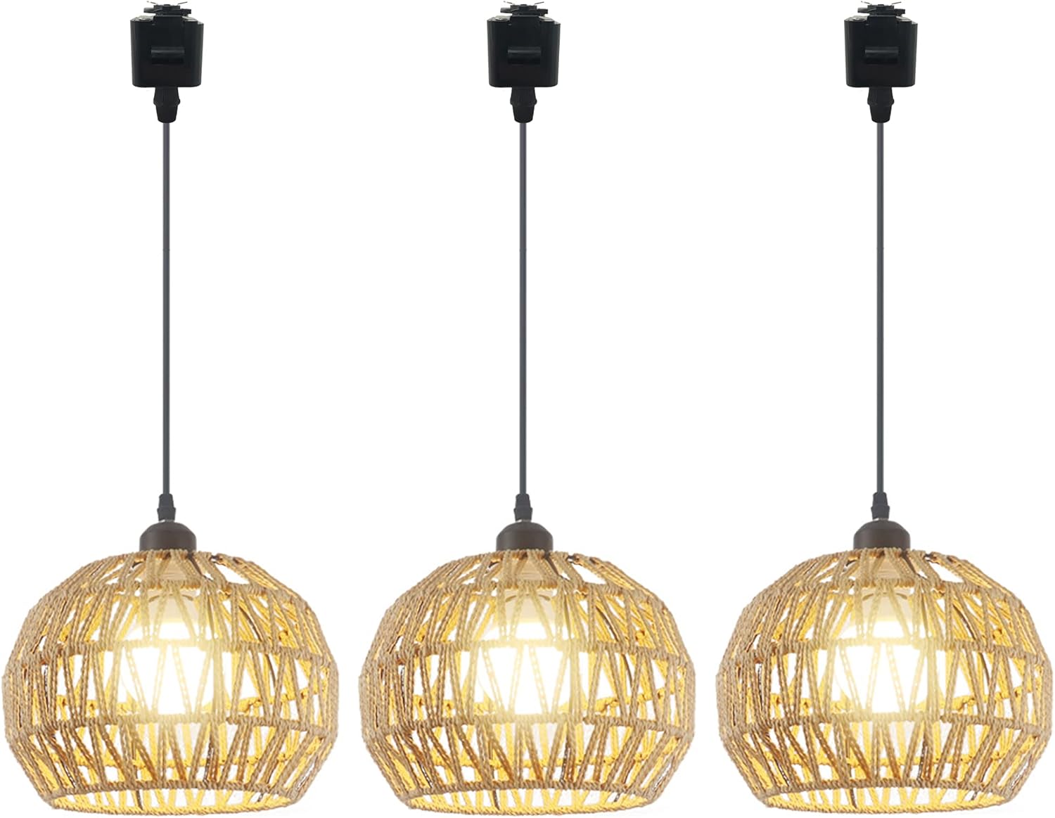 L-Type Track Lighting Pendants Restaurant Chandelier Globe Natural Rattan Rope Linen Lampshade E26 Socket Lightolier Compatible Track Light Industrial Customizable Pendant Light,3 Light