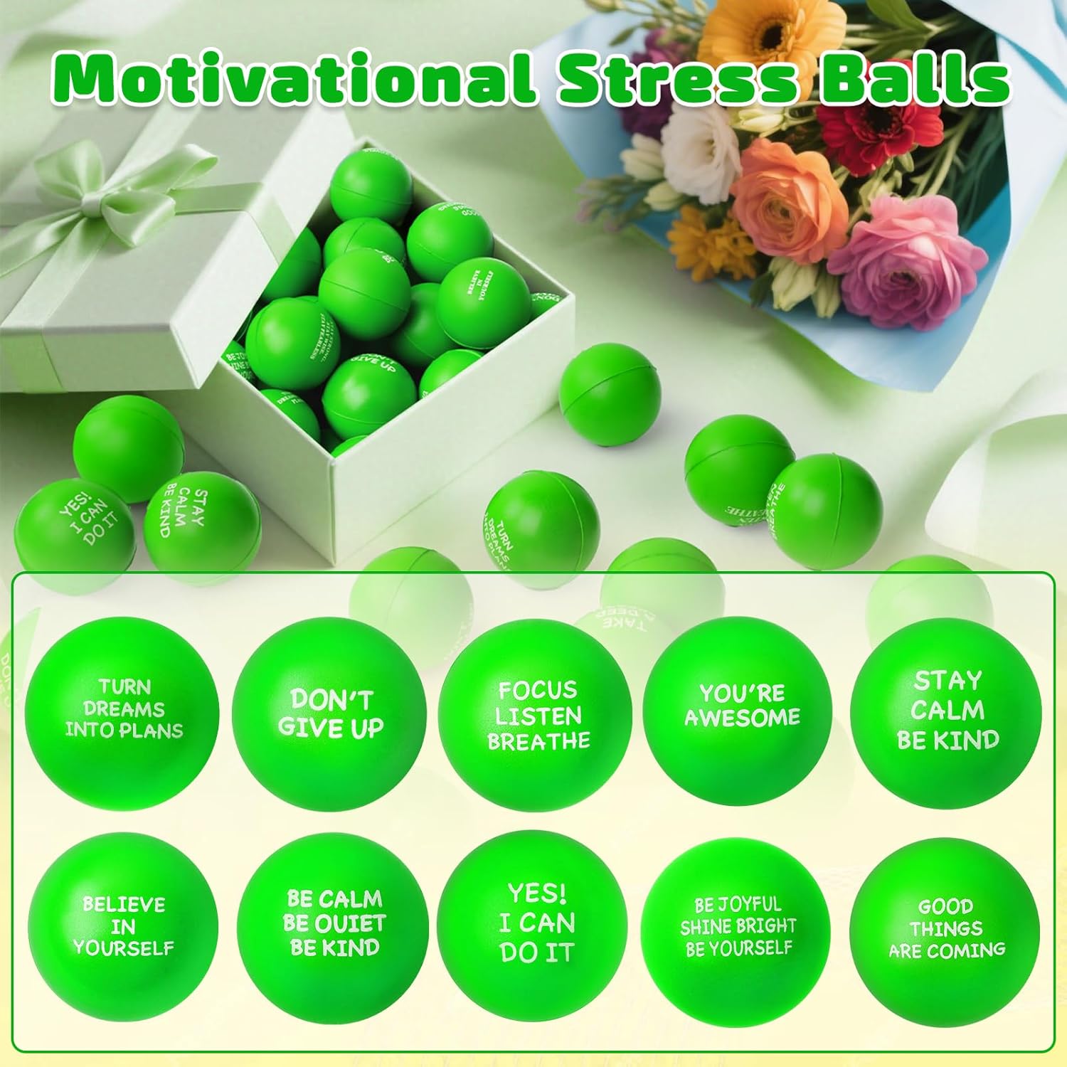 100PCS Stress Balls, Stress Balls for Adults, Soft Sponge Squeeze Toys with Inspirational Quotes, Office Classroom Stress Relief Gifts, Anxiety Relief Fidget Toys, Classroom Prizes Student Gifts