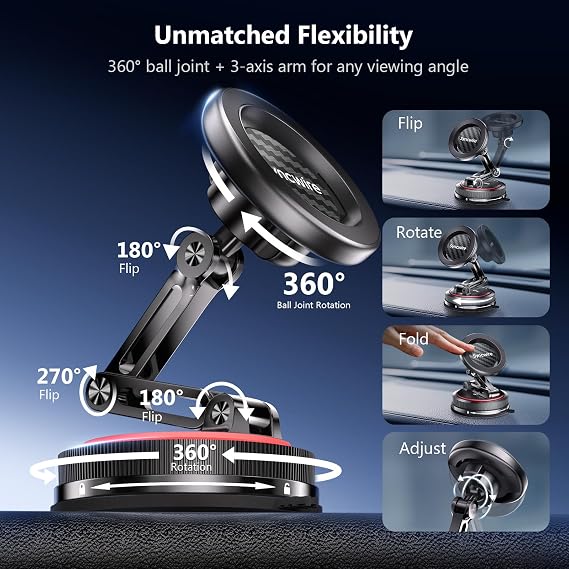 SYNCWIRE for MagSafe Car Mount [3-Axis] Nano Adhesive Gel + Strong Suction Cup Magnetic Phone Holder for Dashboard & Windshield, 360 Adjustable for iPhone 17 16 15 14 13 12, Samsung, Carbon Fiber