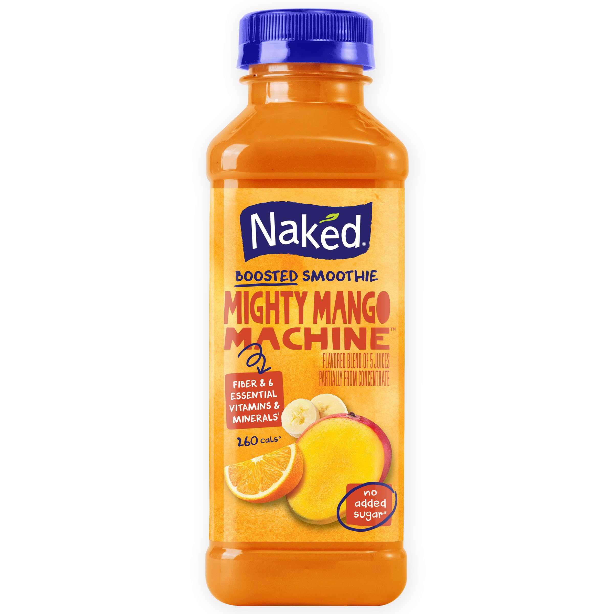 Naked Boosted Smoothie Mighty Mango Machine, 15.2 fl oz Bottle - Real Fruit Juice Smoothie with Fiber, Excellent Source of Vitamin C and Vitamin E for Immune Support