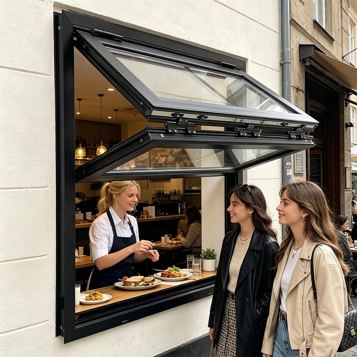 Premium vertikal faltende Verkaufsfenster aus Aluminiumlegierung mit verschließbares Fenster für Imbisswagen, Wohnmobile, Küchen und Gastronomiebetriebe(Black,36x60in/91.5x152.4cm)