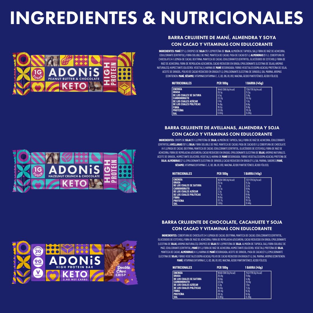 ADONIS Caja mixta de barras keto (20 barras)| 5 sabores de barras de alto valor proteico y barras de nueces| Vegano y keto | 100% naturales| Bajo en azúcar, calorías y carbohidratos para bajar de peso
