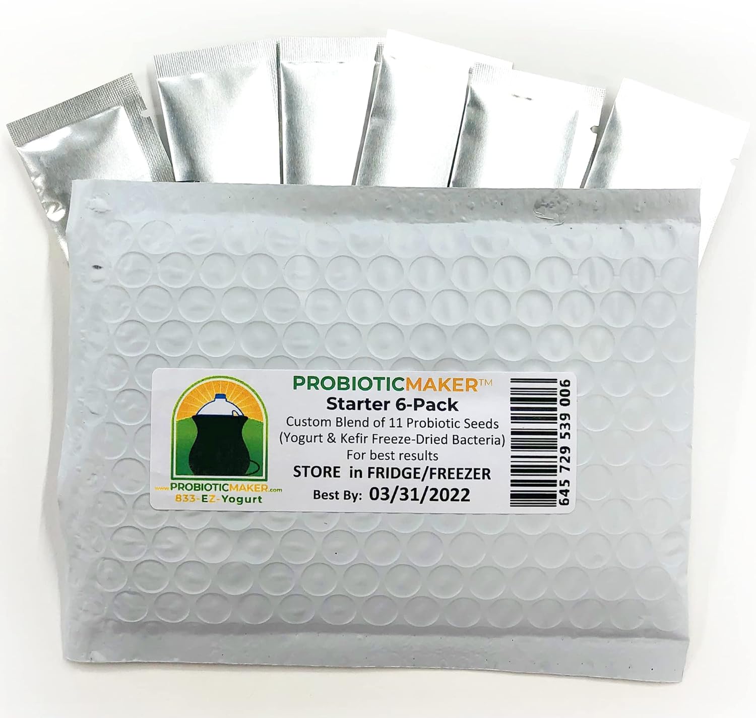 Probiotic Maker™ 6-Pack Kefir & Yogurt Starter Seeds- Makes Equivalent of 192 Yogurts, 282 Probiotic Drinks, or 384 Yogurt Tubes! Grow Billions CFU of 11 Different Probiotics. Only 1 Min. Prep