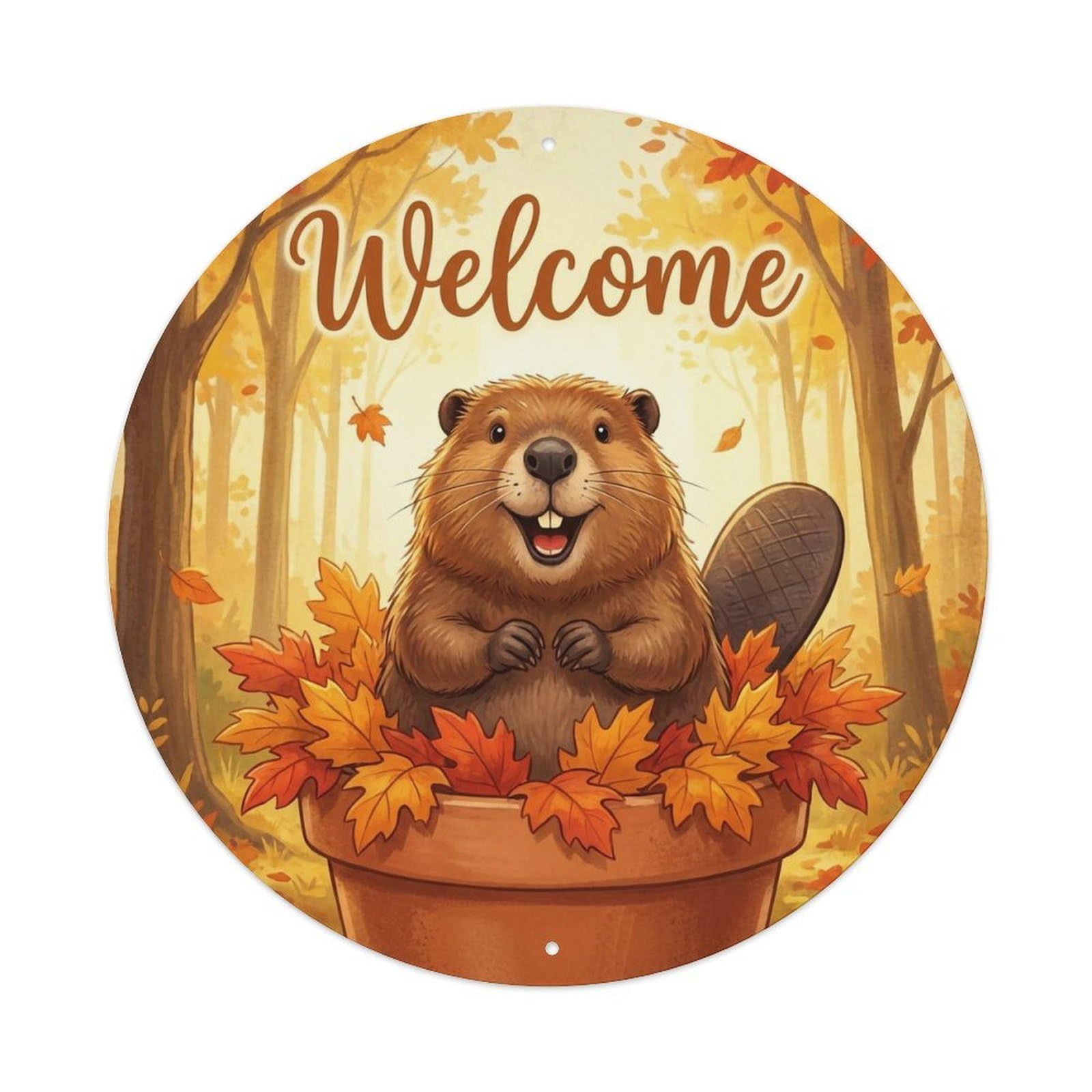 Okahys 8X8inch(20X20cm) Welcome Beaver Autumn Leaves Metal Tin Sign