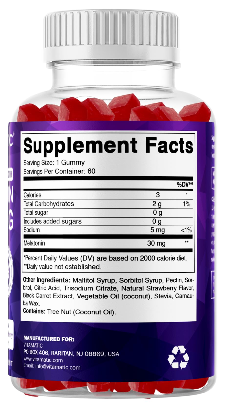 Vitamatic Extra Strength Melatonin 30 mg, Pectin Based, 60 Gummies — Amazon image 8