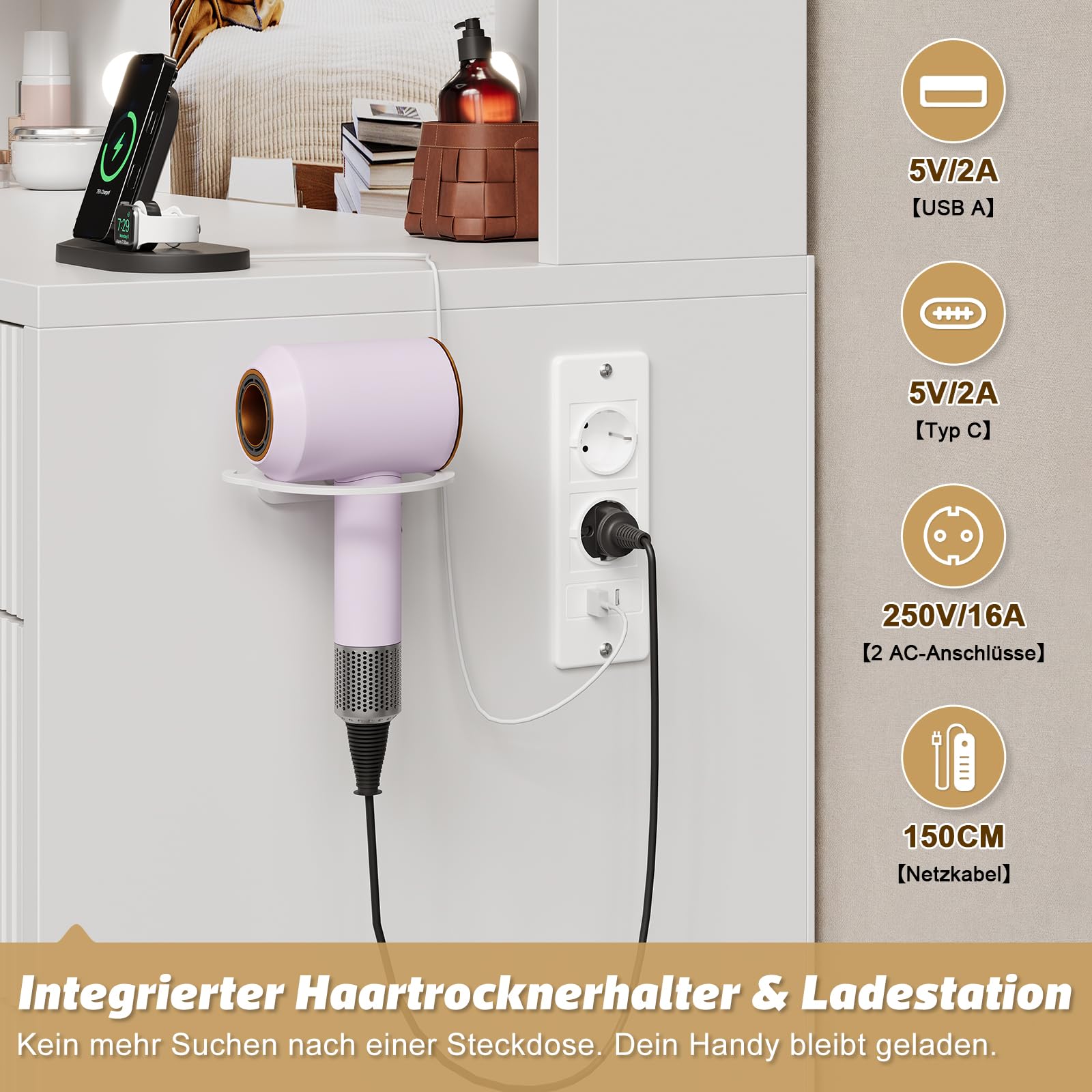 Devoko Moderner Schminktisch mit Beleuchtung & Steckdose – Großer Frisiertisch mit Spiegel, 9 Schubladen, Vanity Desk mit Haartrocknerhalterung, Make-up Tisch, Weiß