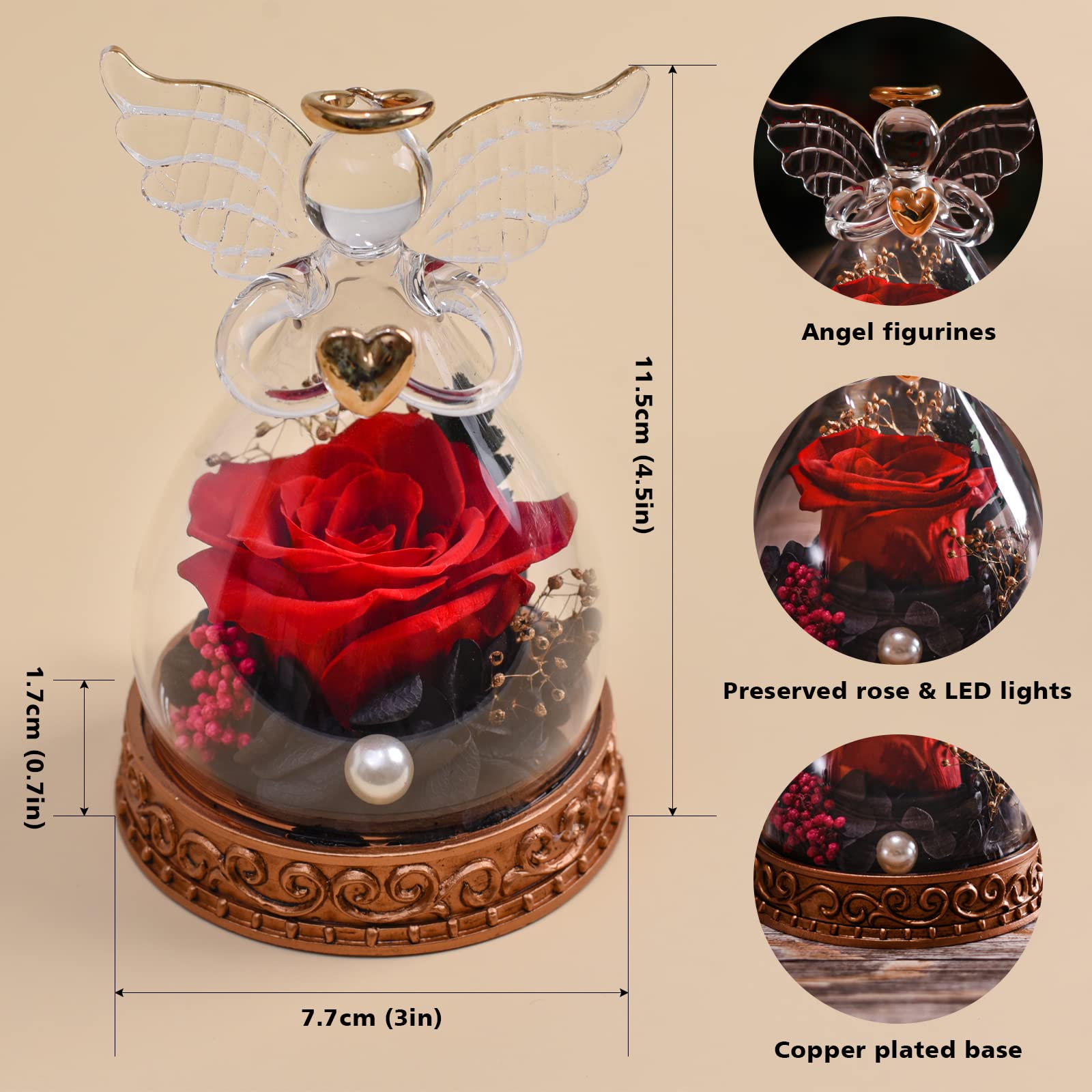 Angelo regalo per donne, mamma, nonna, vera rosa conservata in vetro, angelo con luce LED, regalo di rosa per festa della mamma, Natale, compleanno, San Valentino (rosso)