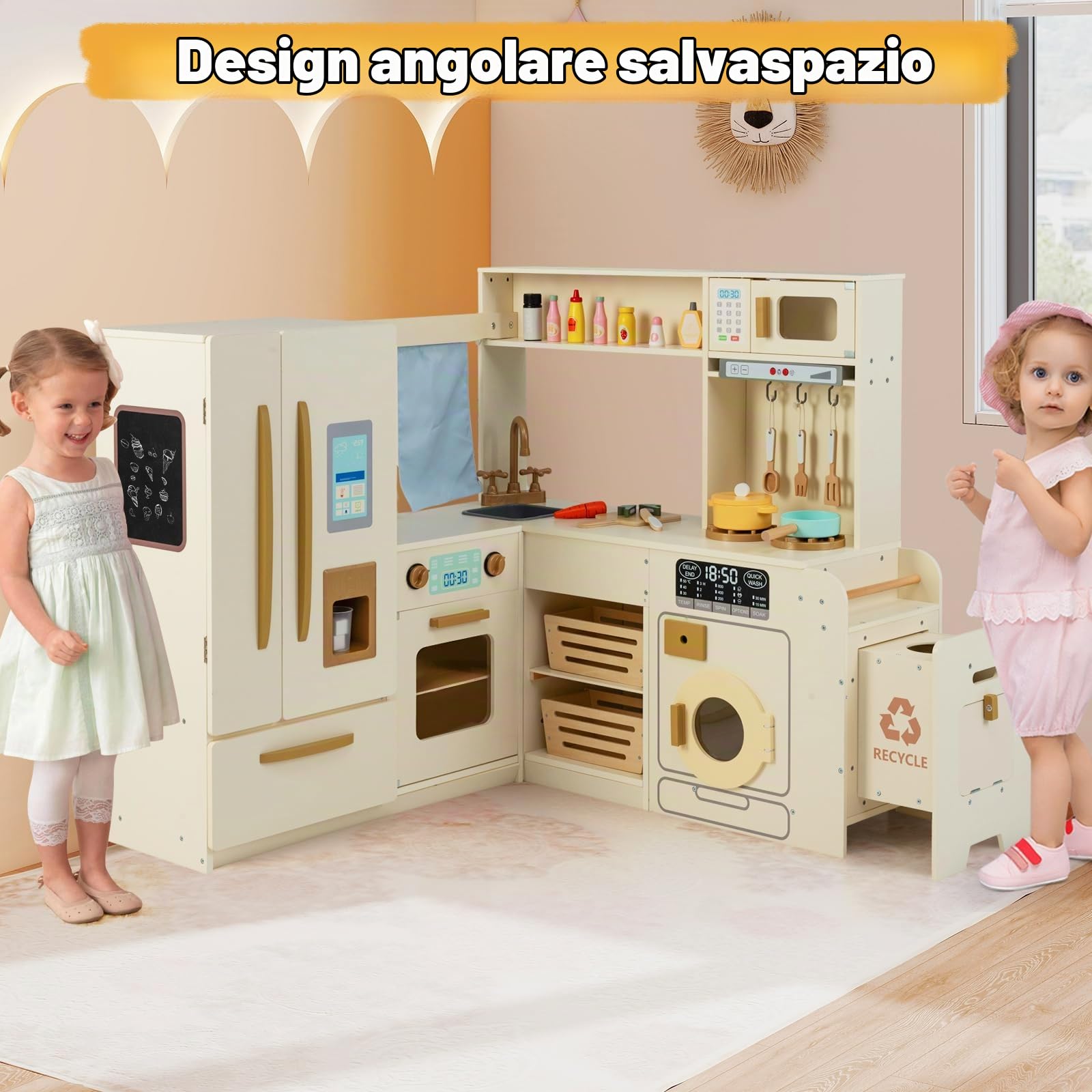 HOMASIS Cucina Angolare in Legno, Cucina Giocattolo con Luci e Suoni, inclusi 22 Accessori, Cestino della Spazzatura, Lavandino, Macchina del Gelato, Frigorifero, Lavatrice, per Bambini da 3+ Anni