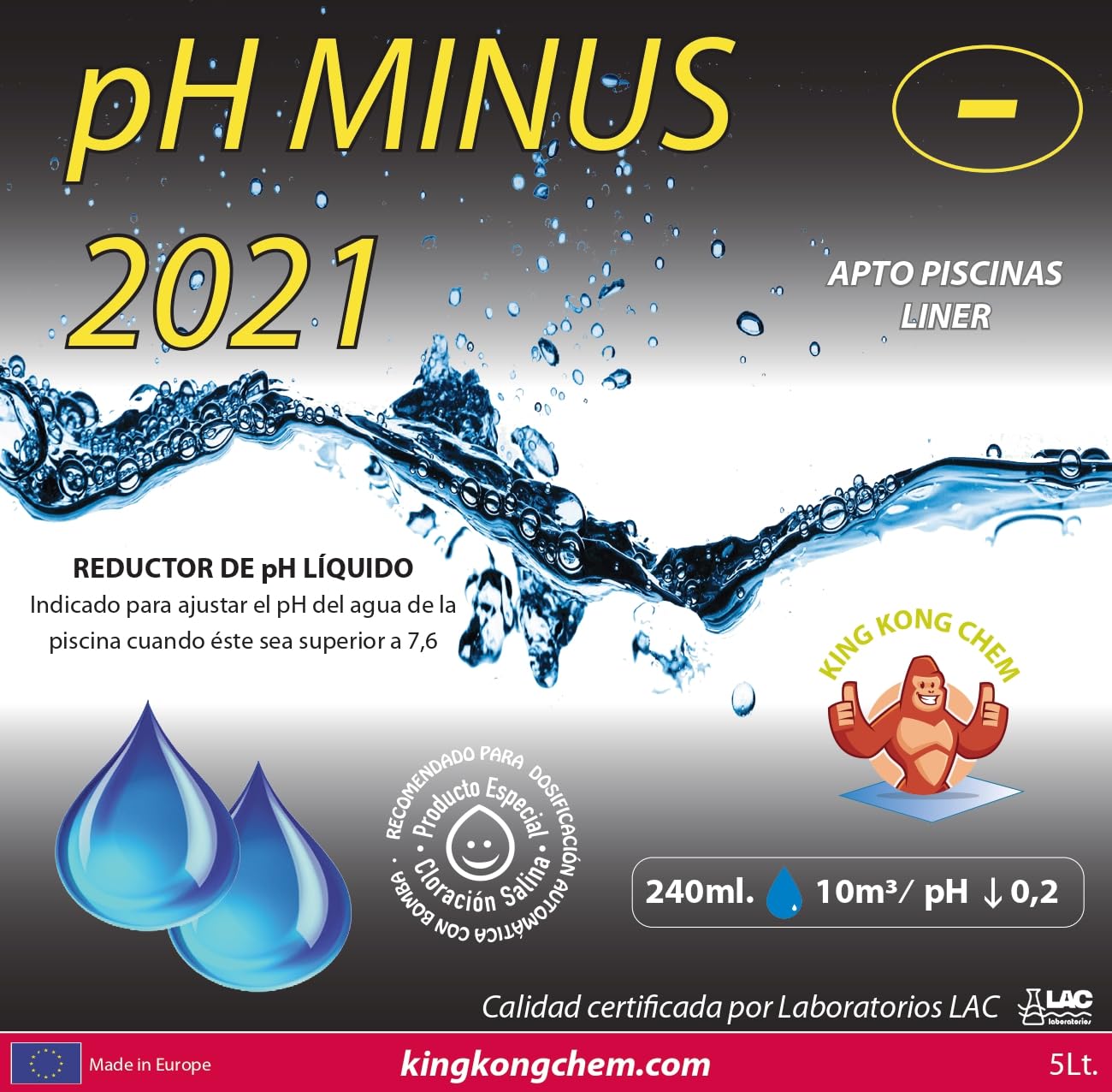 Pack 2 UDS Minorador de pH para Piscinas Compatible Poliester/Liner y electrólisis - PH Minus 10 L (2x5 litros) - Reduce el pH del Agua – Formato Líquido
