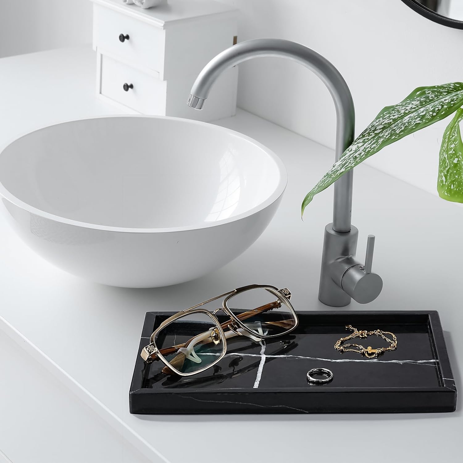 Amauto Natural Marble Vanity Tray Genuine Stone Storage Perfumes Tray Real Luxurious for Home Decor Bathroom/Vanity/Dresser Non-Resin/Non-Ceramic (Black)