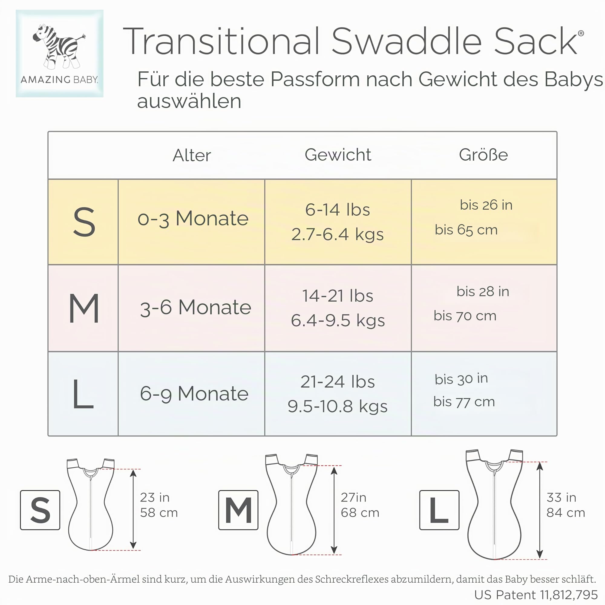 Amazing Baby Übergangs-Pucksack Baby, Pucktuch & Puckschlafsack für Neugeborene mit Arme-nach-Oben-Design, halblangen Ärmeln & Fäustling-Bündchen, M, 3-6 Monate, Confetti