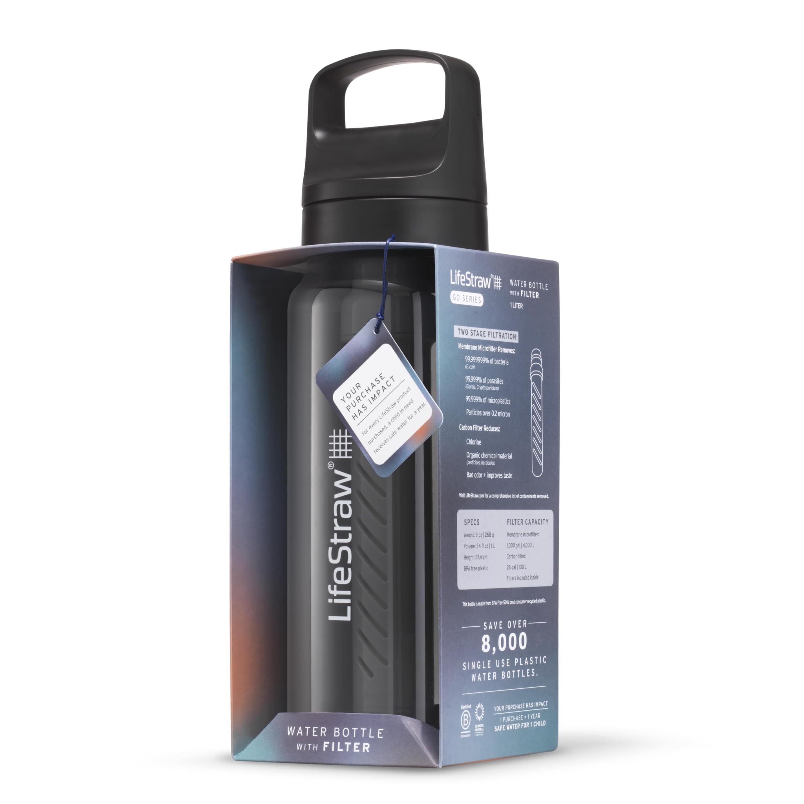 LifeStraw Go Series – Gourde filtrante sans BPA 1l pour les voyages et l’usage quotidien. Élimine les bactéries, les parasites et les microplastiques. Améliore le Goût, Nordic Noir (noir)