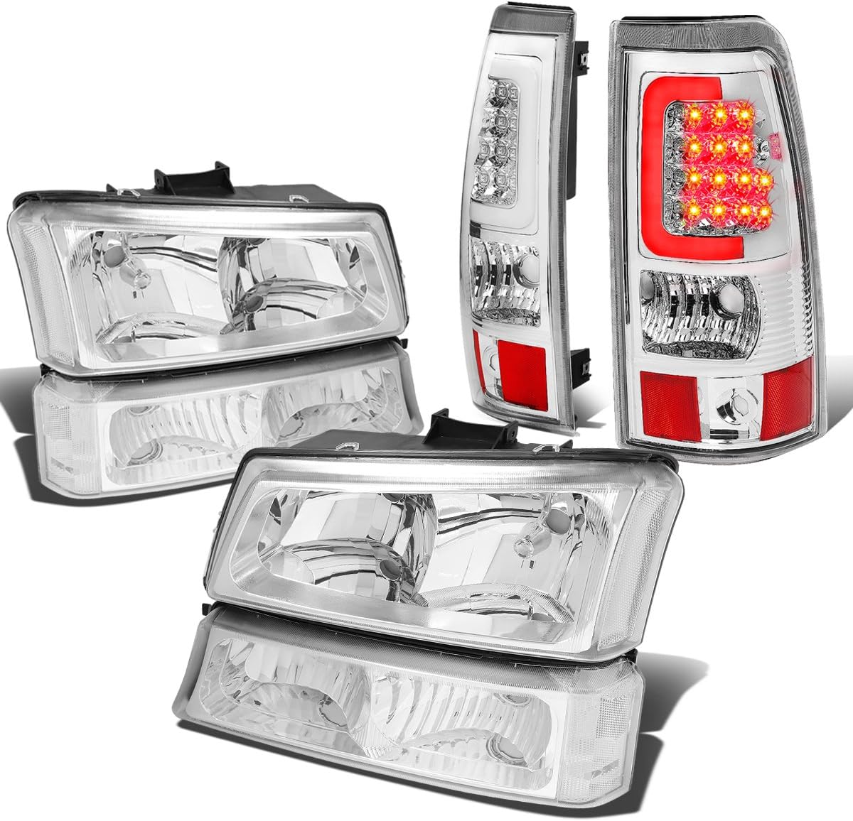 Auto Dynasty Compatible with Chevy Silverado 1st Gen 4pc Pair of Chrome Clear Corner Headlight + Lens 3D LED Tail Light