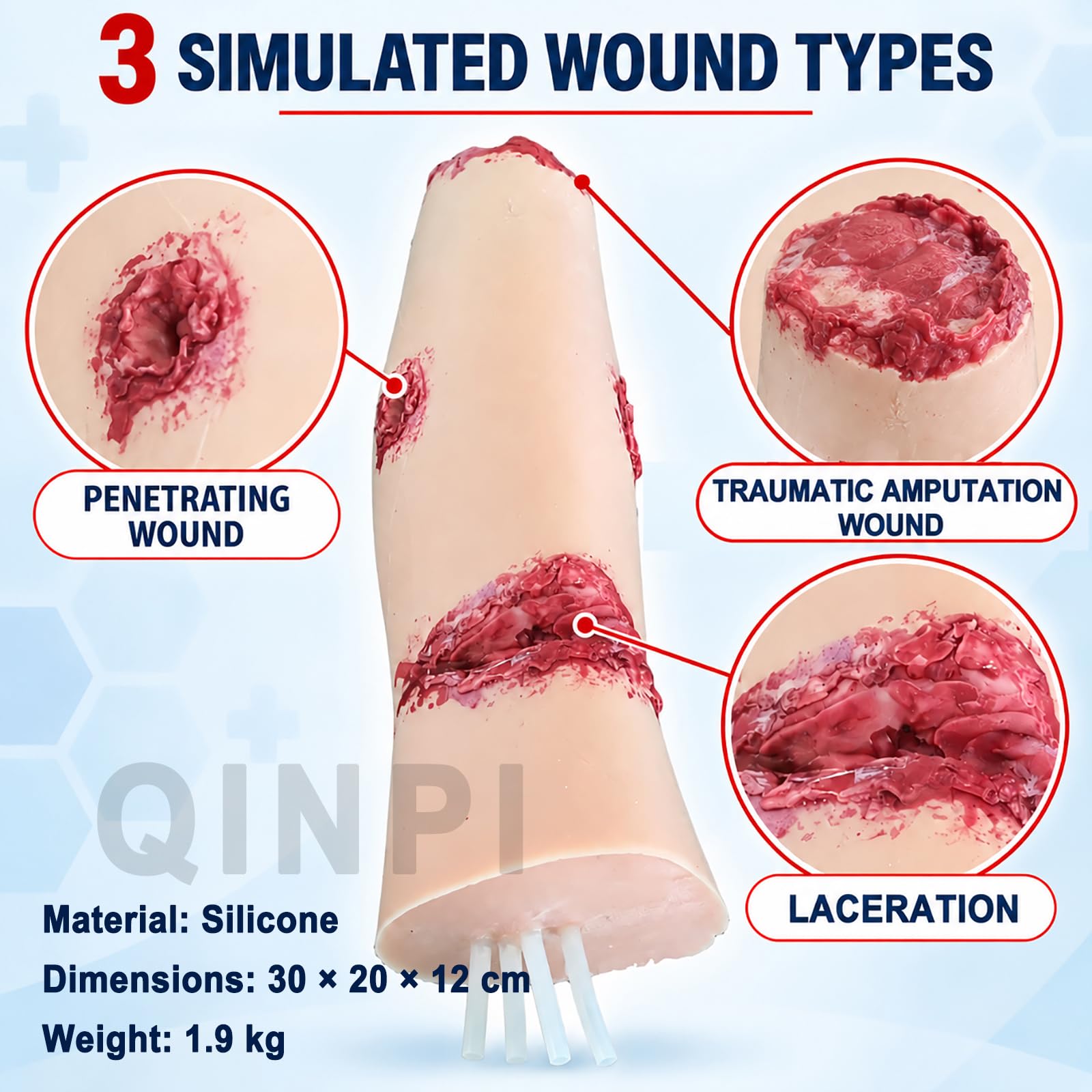 Modèle De Jambe en Silicone pour Formation Aux Plaies, 3 Traumatismes Simulés avec Tubes Internes, Entraînement Premiers Secours Et Soins Infirmiers
