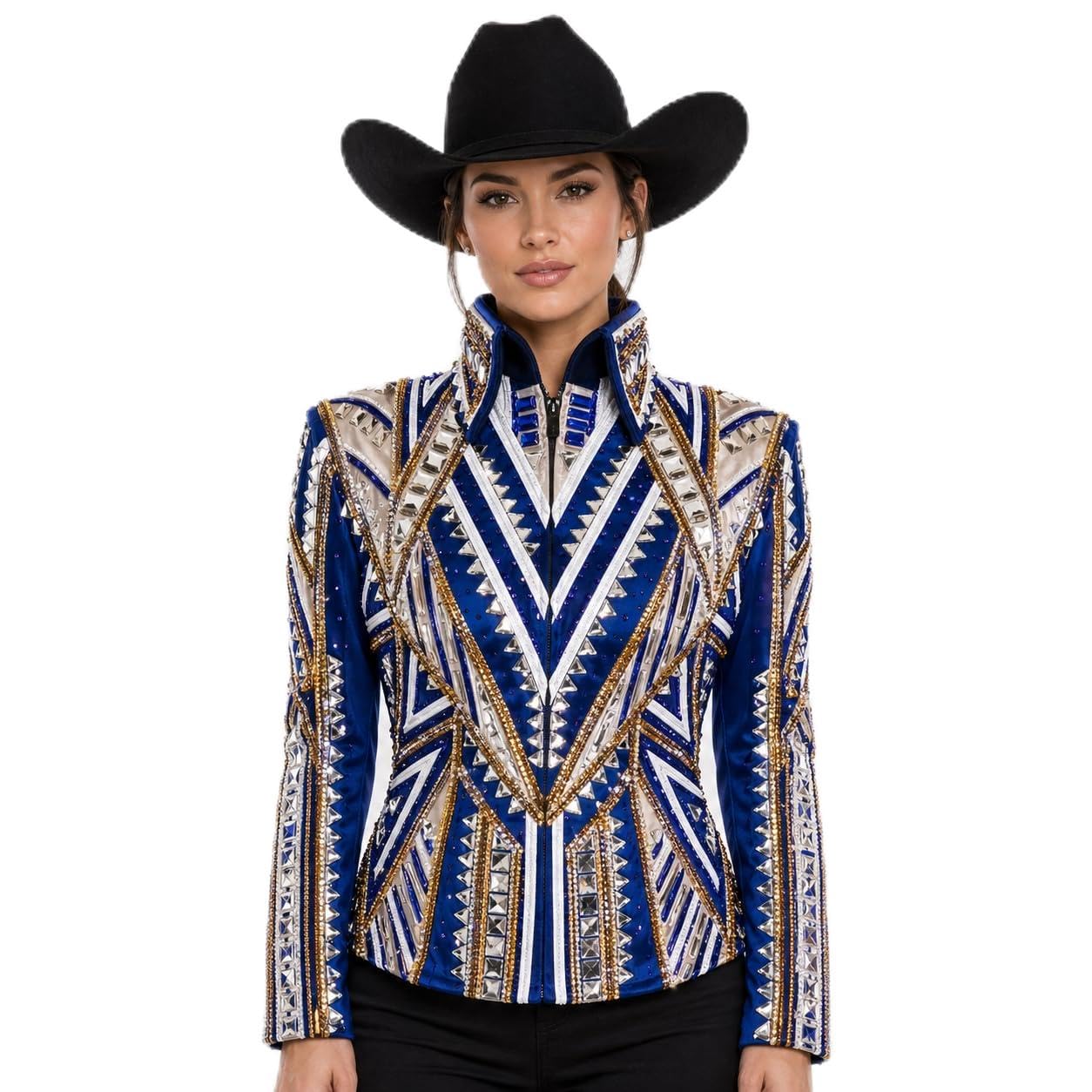 Western Women’s Showmanship Jacket – Royal Blue &amp; White Crystal Embellished Show Jacket with Gold Detailing