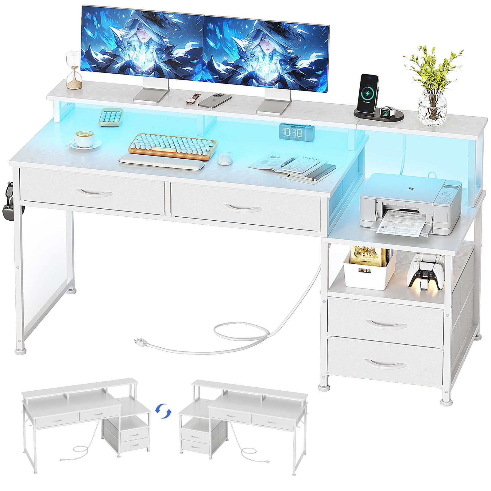 MUTUN 135cm Computer Desk with Power Outlet and Charging Station, Reversible Home Office Desk with Fabric Drawers and Monitor Stand, Wooden Desks with Storage, Study Table, White