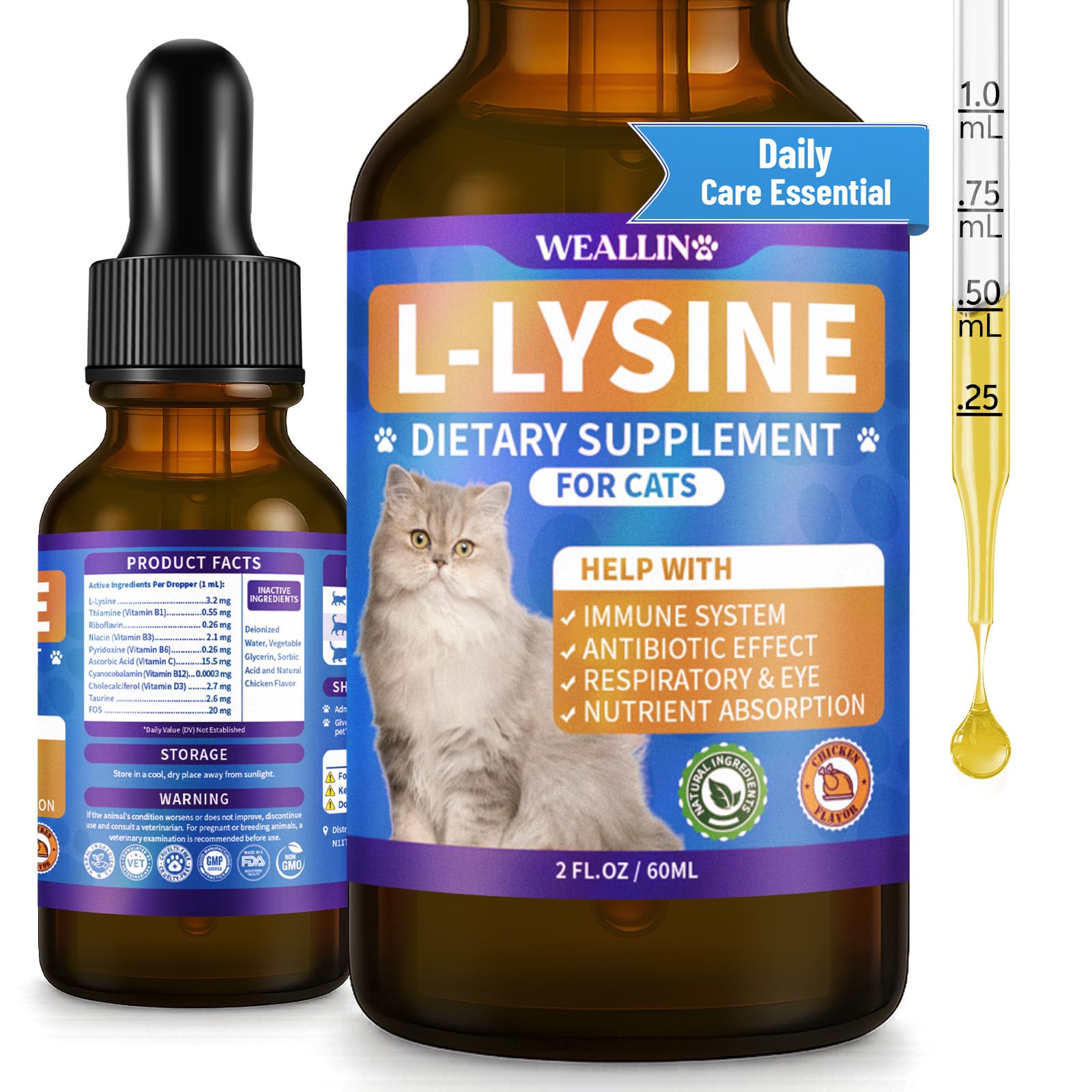 WEALLIN Suplemento de L-lisina para gatos, sabor frango, 60 mL, 1 unidade
