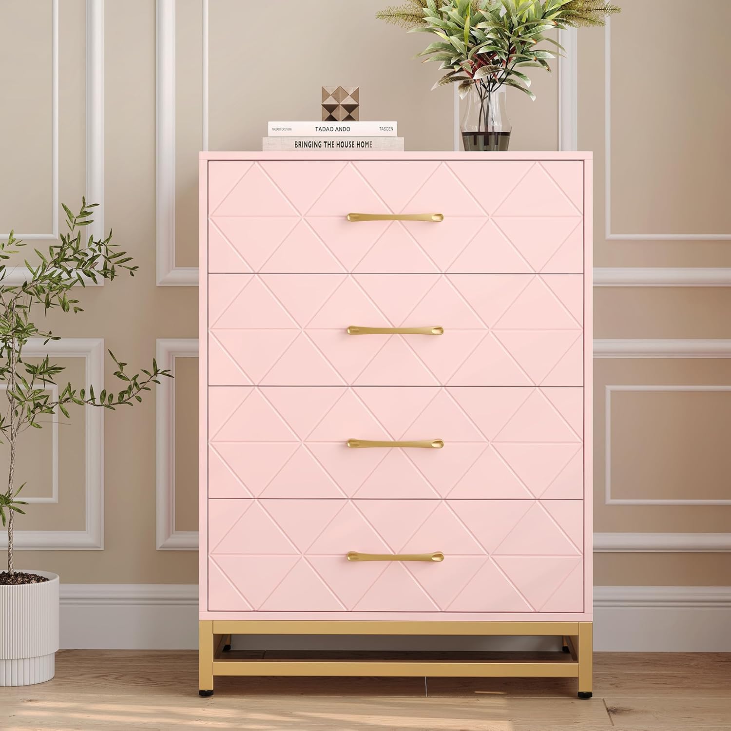 Garvee Commode à 4 Tiroirs pour Chambre, Commodes Modernes avec Tiroirs Larges et Poignées Métalliques, Commodes en Bois 61x40x93 cm (Rose)