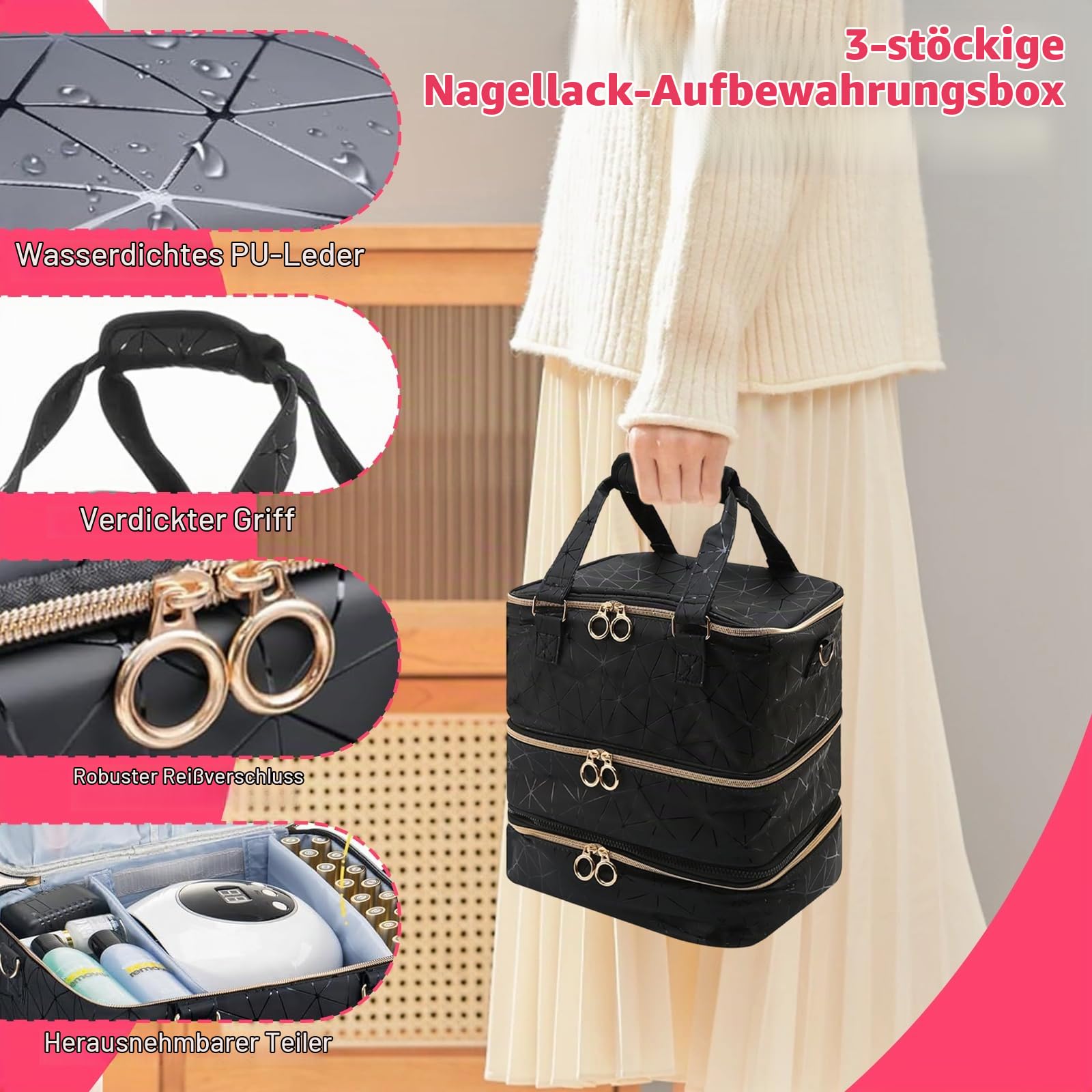 3-Tier Nagellack Aufbewahrung Organizer für 84 Flaschen mit LED Fach