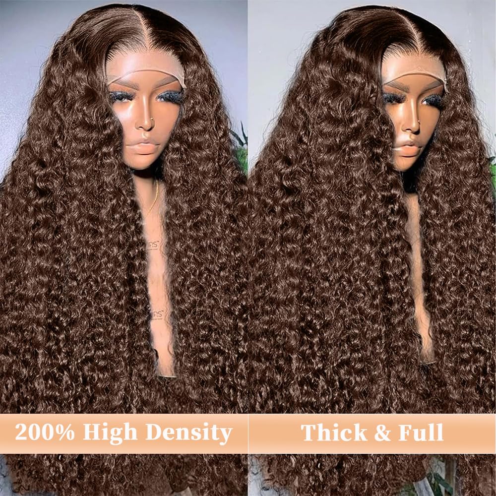 Chocolate Brown Lace Front Wigs Human Hair 13x6 Deep Wave Lace Front Wigs Human Hair 200 Density HD Colored Deep Curly Lace Frontal Wigs for Women Pre Plucked with Natural Hairline (Brown Wig, 30inch)