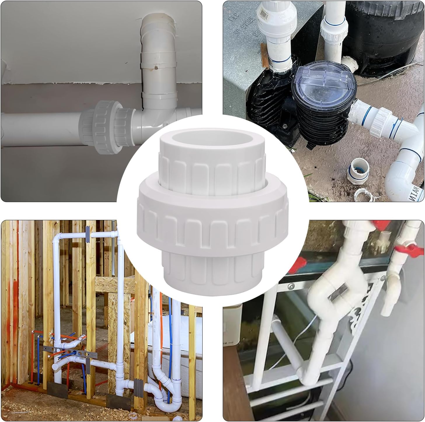 1-1/2" PVC Union Coupling Pipe Fitting (actual diameter 1.9") PVC Adapter Schedule 40(Socket x Socket), EPDM O-Ring, White 2 Pack