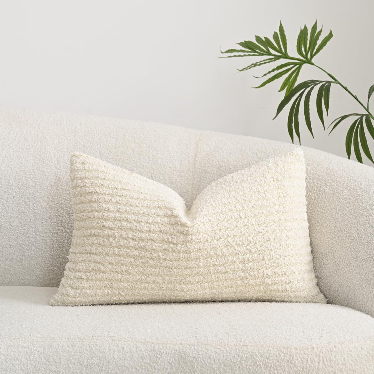 Sunkifover Textured Boucle Lumbar Pillow Covers 12x20 Inch Accent Striped Rectangle Pillow Cases Cozy Decorative Modern Farmhouse Cushion Case for Chair Sofa Bedroom Living Room Home Décor, Beige