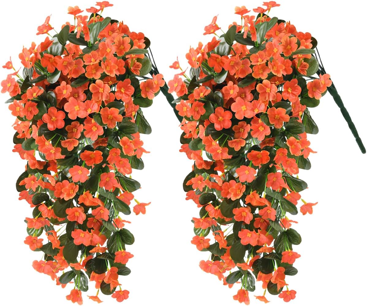 Artificial Fake Hanging Flowers Plants for Outdoor Fall Decoration, 2PCS Faux Silk Violet UV Resistant Look Real Trailing Vines for Outside Home Planter Porch Patio Mums Autumn Decor(Orange)