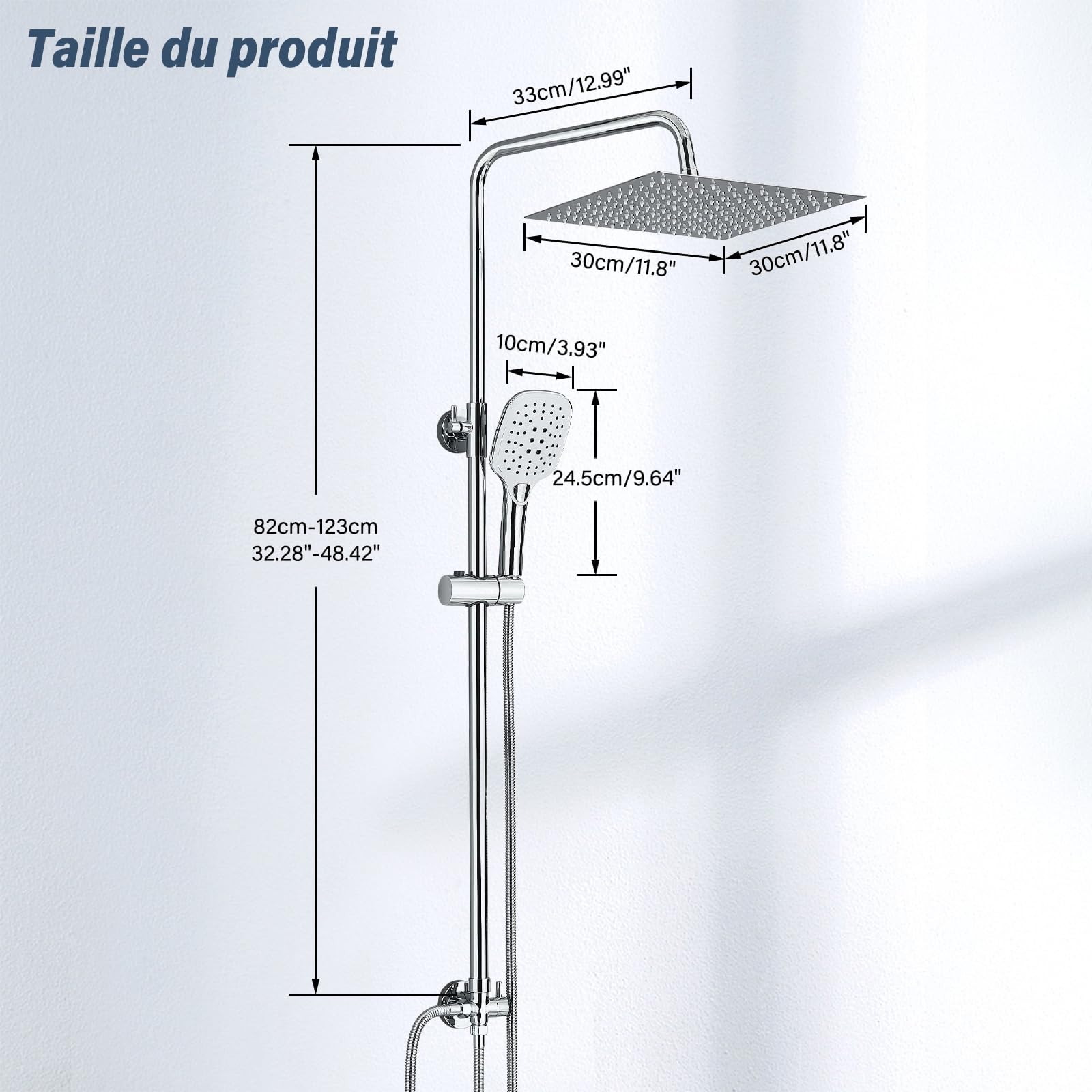 Colonne de Douche Sans Mitigeur,Colonne de Douche Chromé avec Tête de Douche Carré 30x30 CM Pour Baignoire Hauteur Réglable avec Pommeau de Douche en ABS