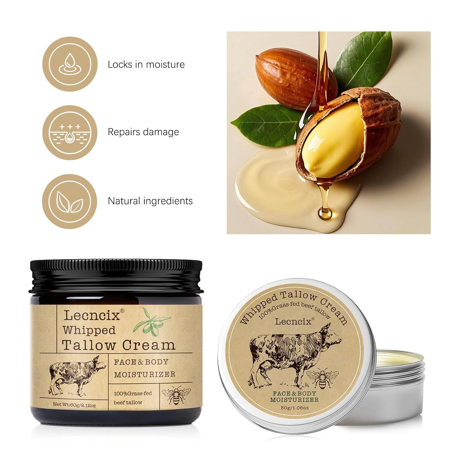 2PC Grass-Fed Beef Tallow for Skin,Tallow Face Moisturizer All-Natural Skin Care,Beef Tallow for Body & Face Moisturizer(Original,2.12+1.06Oz) - Image 2