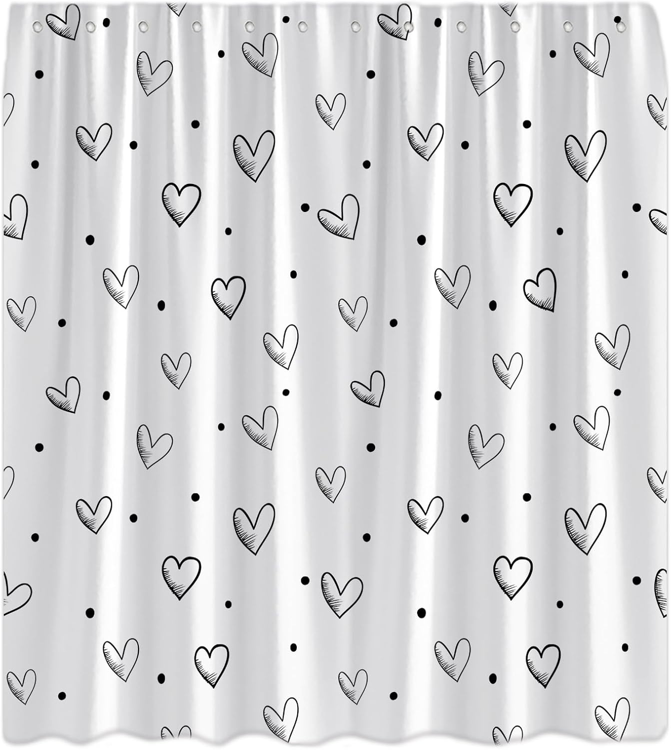 Valentine's Heart Shower Curtain Black White Sweet Hearts Polka Dot Romantic Love Couple Wedding Marriage Creative Holiday Decor Bathroom Curtain Set with Hook 70" WX84 H
