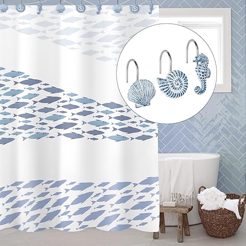 Miniatura 4 de Sunlit Seashells - Ganchos decorativos para cortina de ducha, anillos de cortina de ducha costeras de criaturas oceánicas azul cielo, resina,