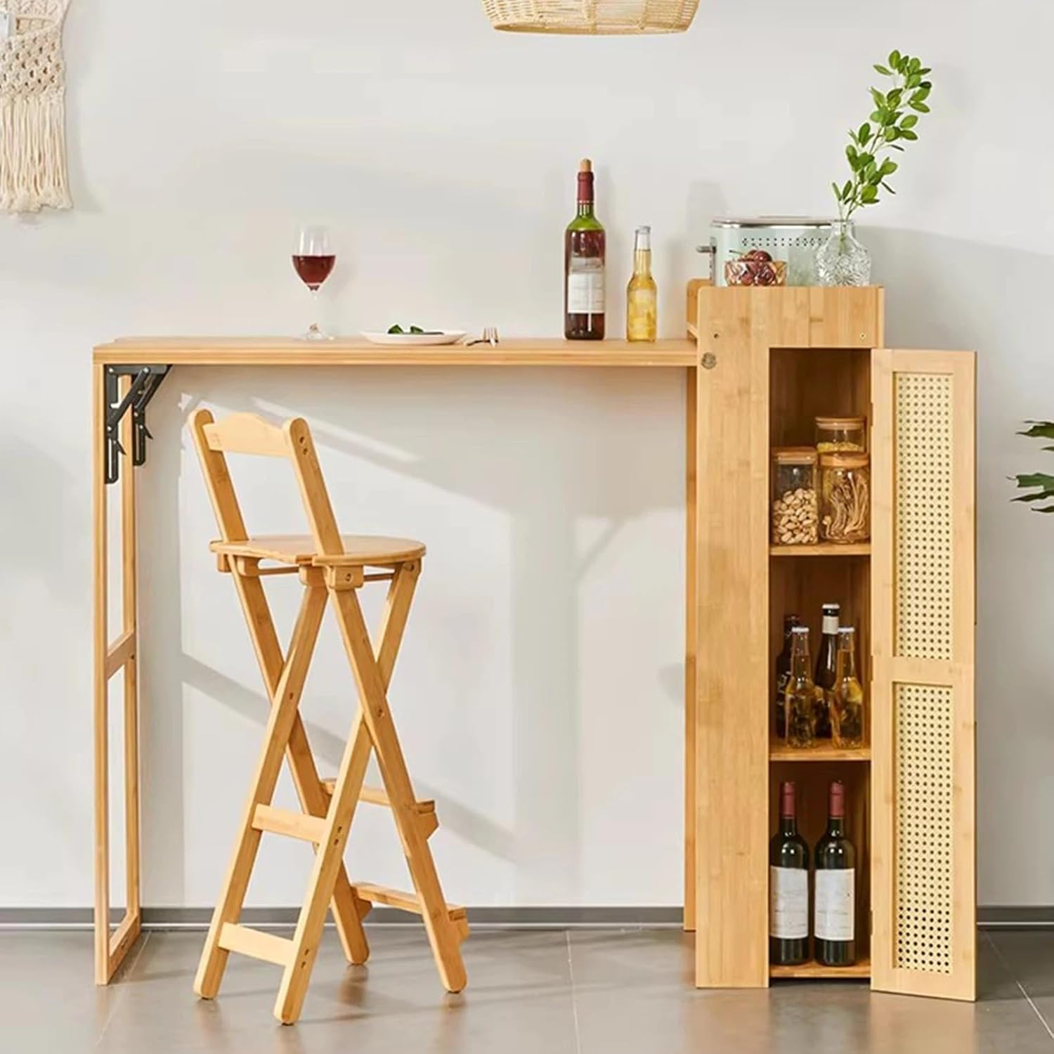 Storage Trolley Foldable Kitchen Island Bar Table with Rattan Panel Storage Cabinet Shelving Organizer(Yellow)