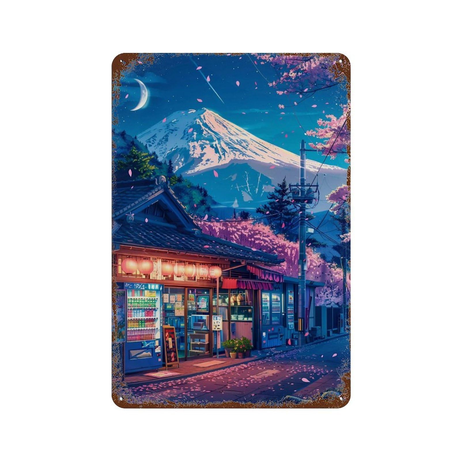 Cherry Blossom Night in Japan Rustic Tin Plaque 11.8"x7.9", for Pub, Kitchen And Man Cave Decor, Vintage Wall Decor