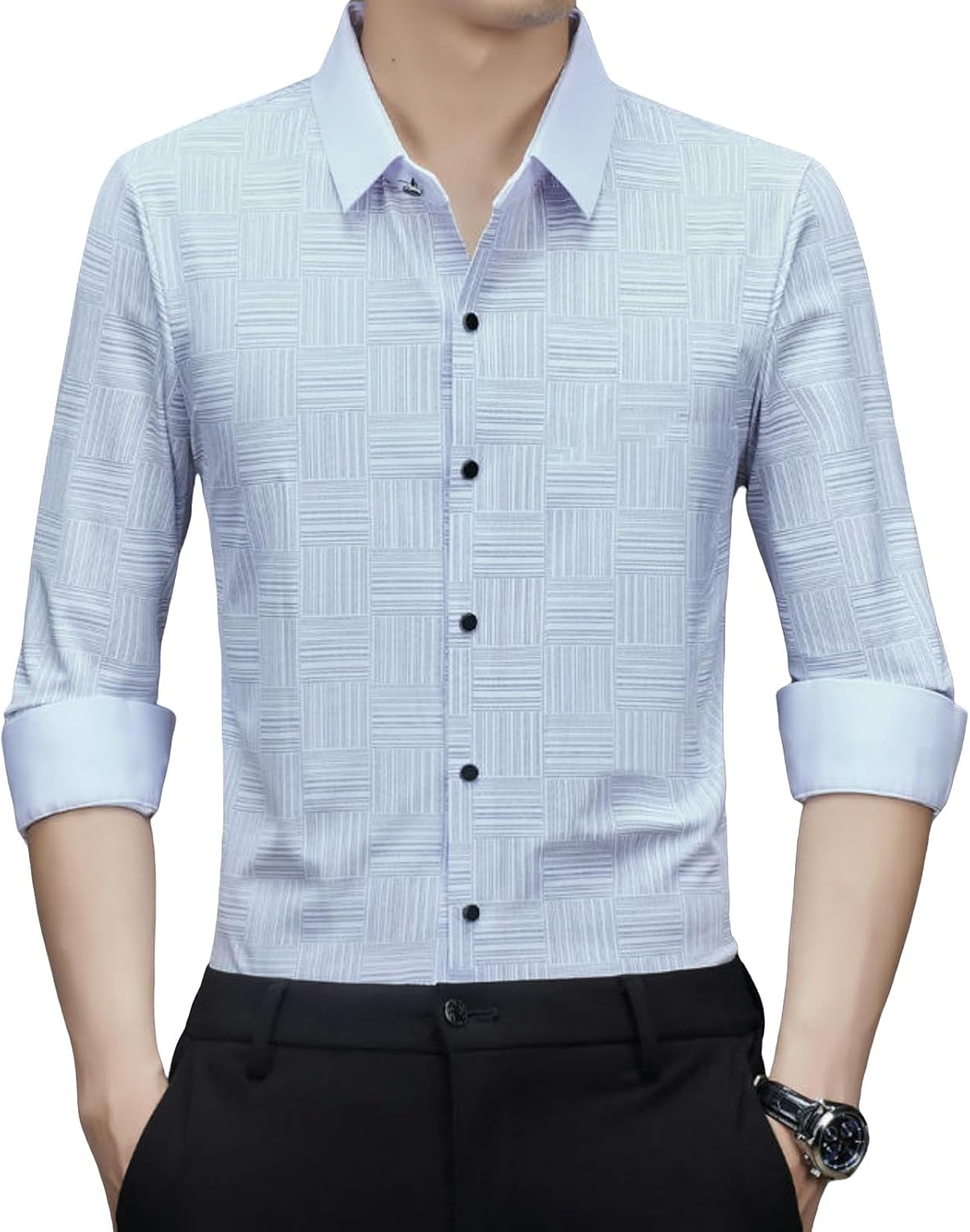 Men's Spring Printed Seamless Wrinkle-Free High Elastic Long Sleeve Shirt