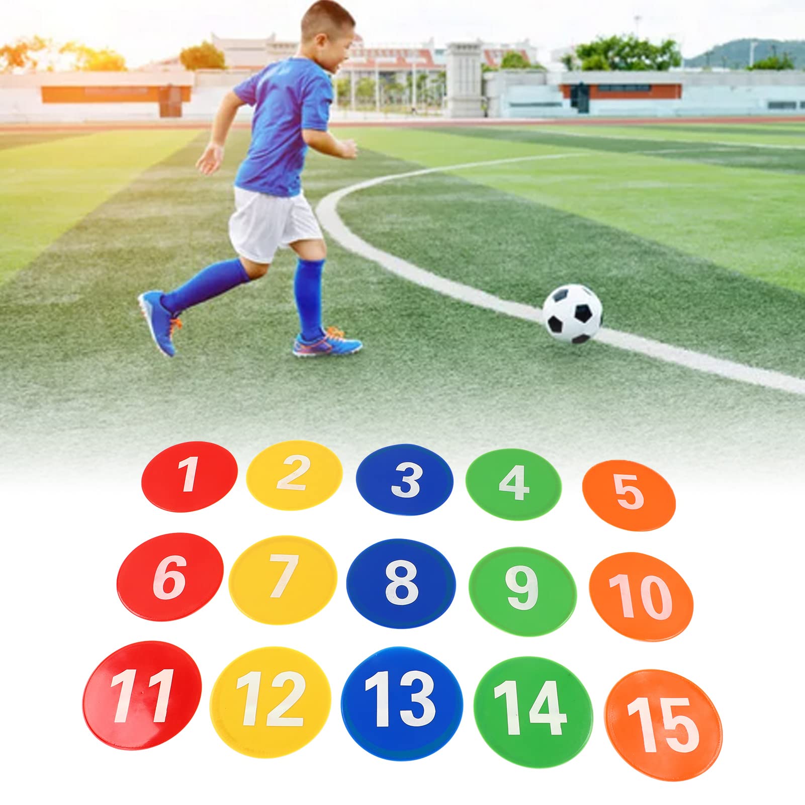 Indicatori di Punti a Cono Piatto Antiscivolo, da 1 a 15 Indicatori di Punti Numerati, Punti da Pavimento Coni Piatti Punti di agilità con 5 Colori Vivaci per Allenamenti di Calcio