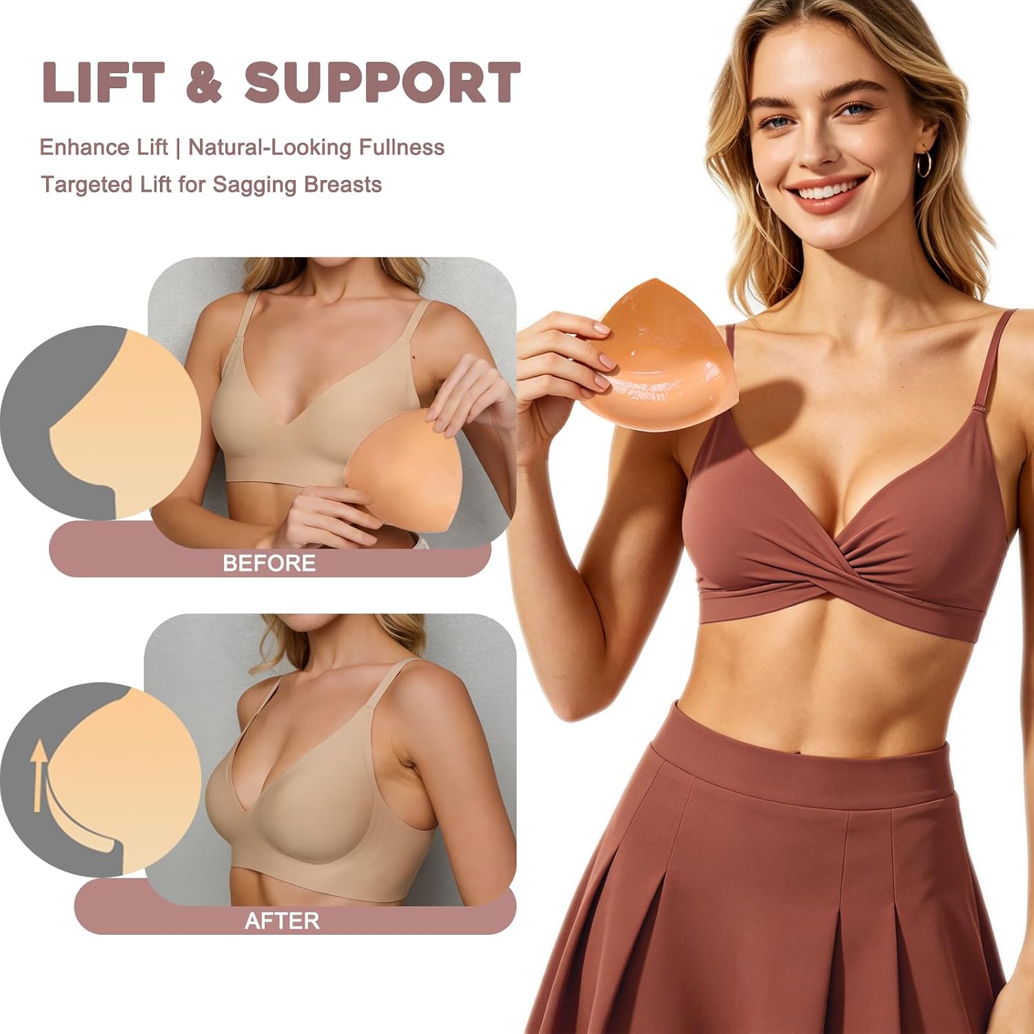 Double Sided Sticky Bra Inserts, Invisible Adhesive Bra Pads, Seamless Push Up Breast Enhancers for Bras, Bikini