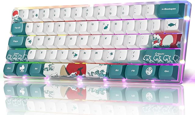 MIHIYIRY 61 Keys Mechanical Gaming Keyboard with Multicolored Pattern, 60% Compact Hot-Swappable RGB Backlit Keyboard for Win/Mac Gamers (Coral Sea Theme)