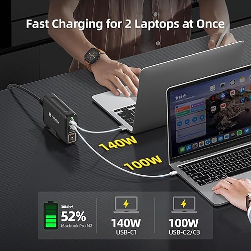 Miniatura 3 de HUNDA Cargador USB C de 245 W, estación de carga GaN, 5 puertos PD 140 W, cargador para MacBook, adaptador rápido, compatible con PD3.1/PPS 45W/QC5