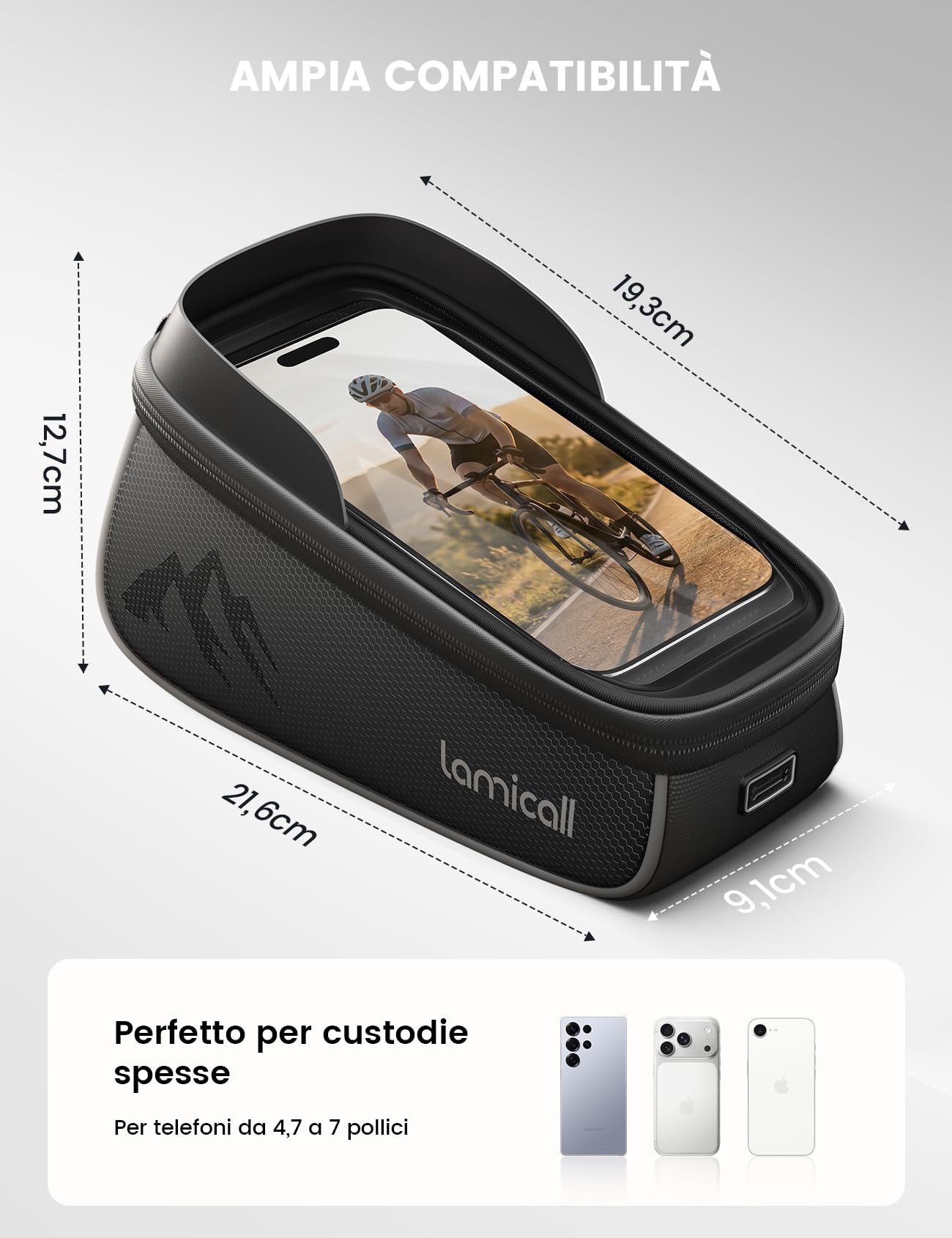 Lamicall Borsa Telaio Bici Impermeabile - [1,6 L Grande Capacità] Borsa Cellulare Manubrio Biciclette con Copertura Antipioggia, Porta cellulare Bici con Touch Screen in TPU per Smartphone Fino a 7"