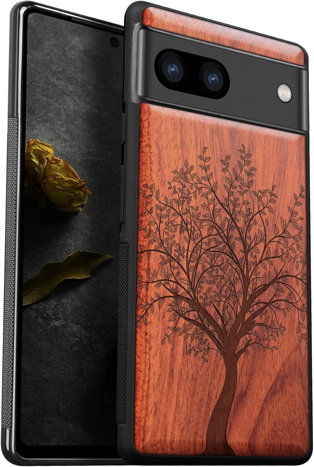 Carveit Wood Case for Pixel 7a Case [Natural Wood & Black Soft TPU] Shockproof Protective Unique & Classy Wooden Phone Cover Compatible with Google Pixel 7a (Leafy Tree-Rosy)