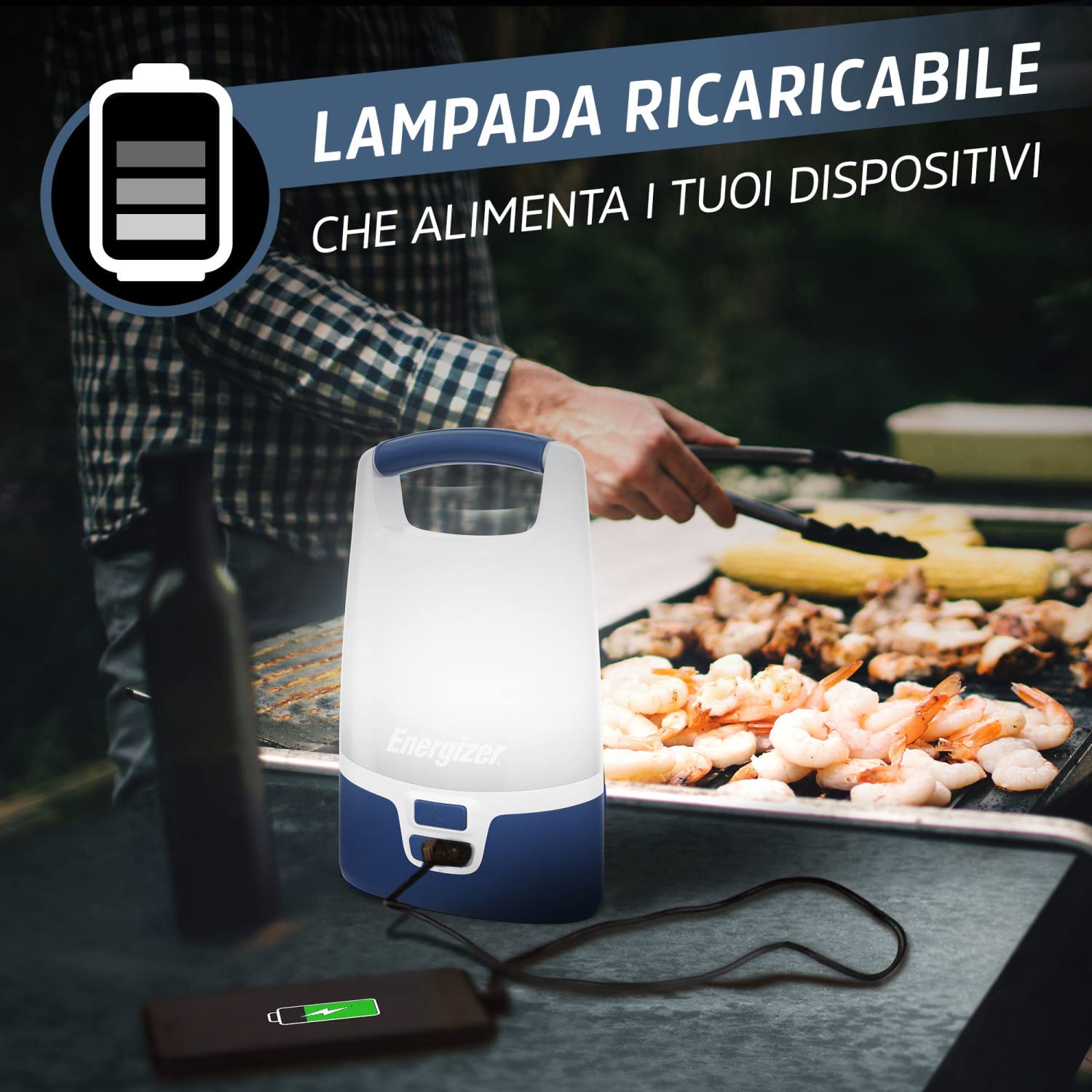 Energizer Lanterna Smart Ricaricabile, 1200 lumen, resistente all'acqua IPX4, lanterna da campeggio con illuminazione a 360 gradi, cavo di ricarica incluso
