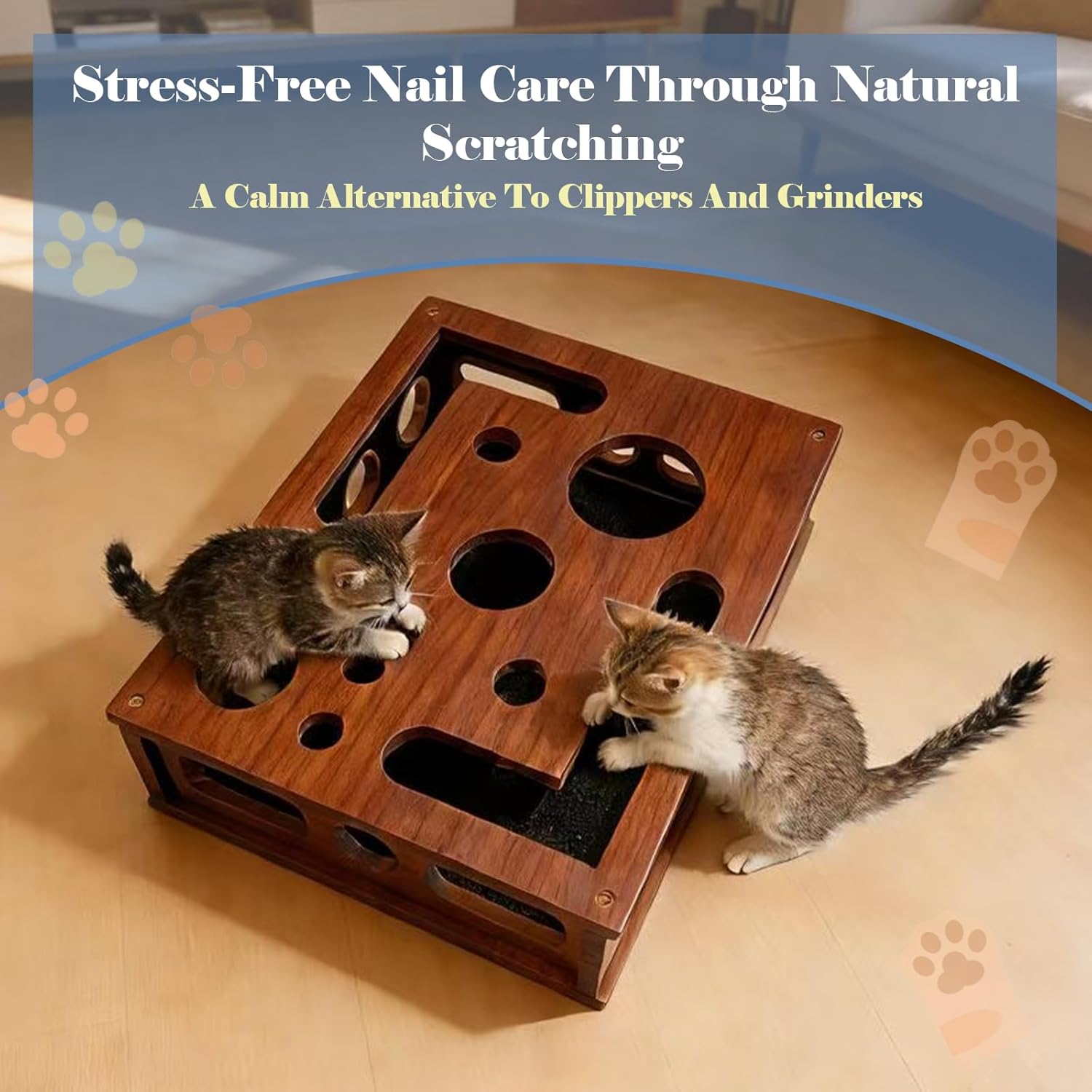 Cat Nail File Puzzle Enrichment Box, Wooden Cat Scratch Puzzle Box with Sandpaper Inside, Cat Scratch Puzzle Enrichment Box Nail File, Stress-Free Alternative to Clippers and Grinders for Indoor Cats