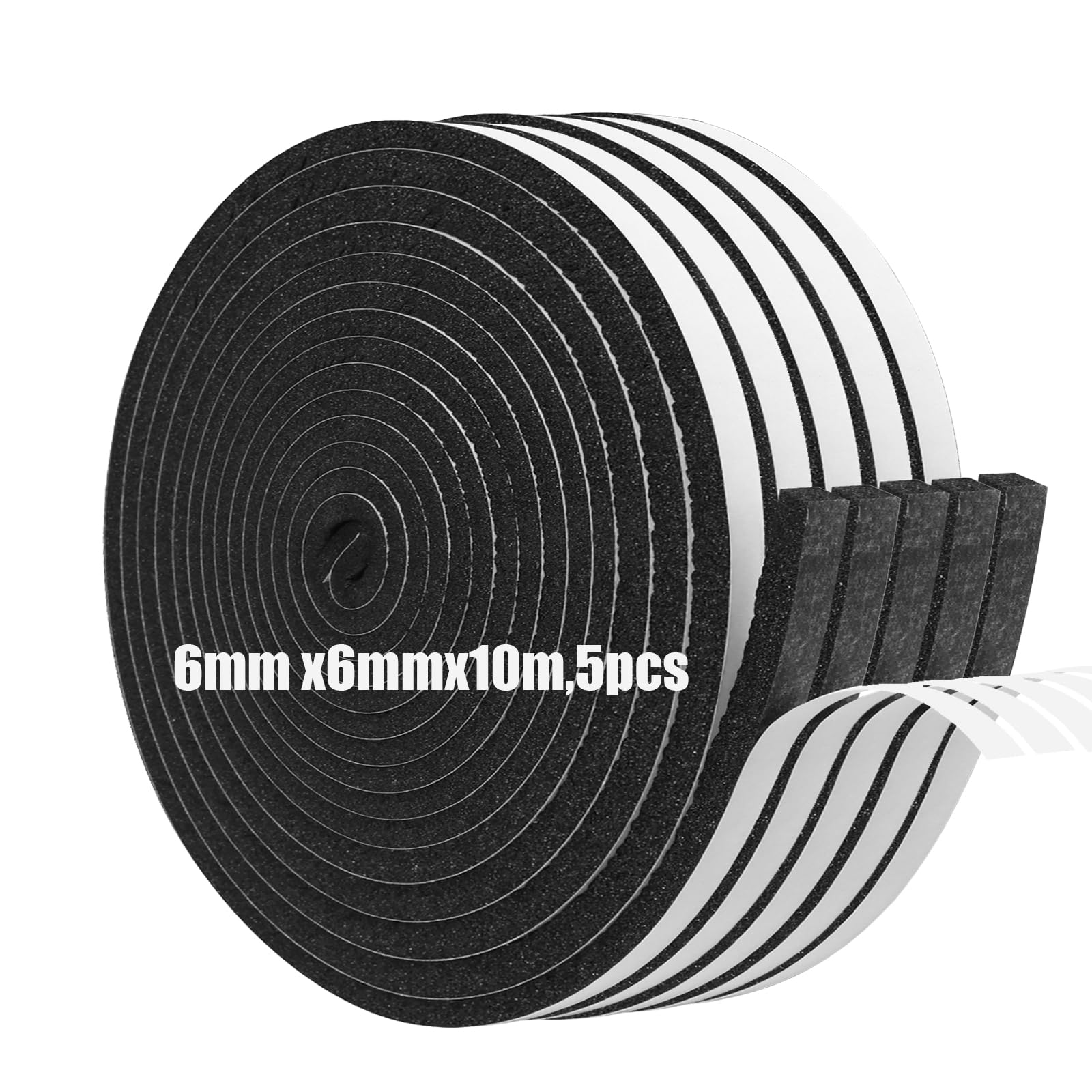 Foam Insulation Tape Self Adhesive,6mm(W) x6mm(T) x10m(L)-5pcs,Weather Stripping for Doors and Windows,Sound Proof Soundproofing Door Seal,Weatherstrip,Cooling,Air Conditioning Seal Strip