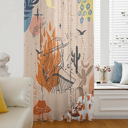 Miniatura 3 de Middle Century Sheer Curtains Drapes Window Treatment Retro Modern Boho Abstract Art Geometric Rod Pocket Voile Kitchen Window Curtain Panels Semi